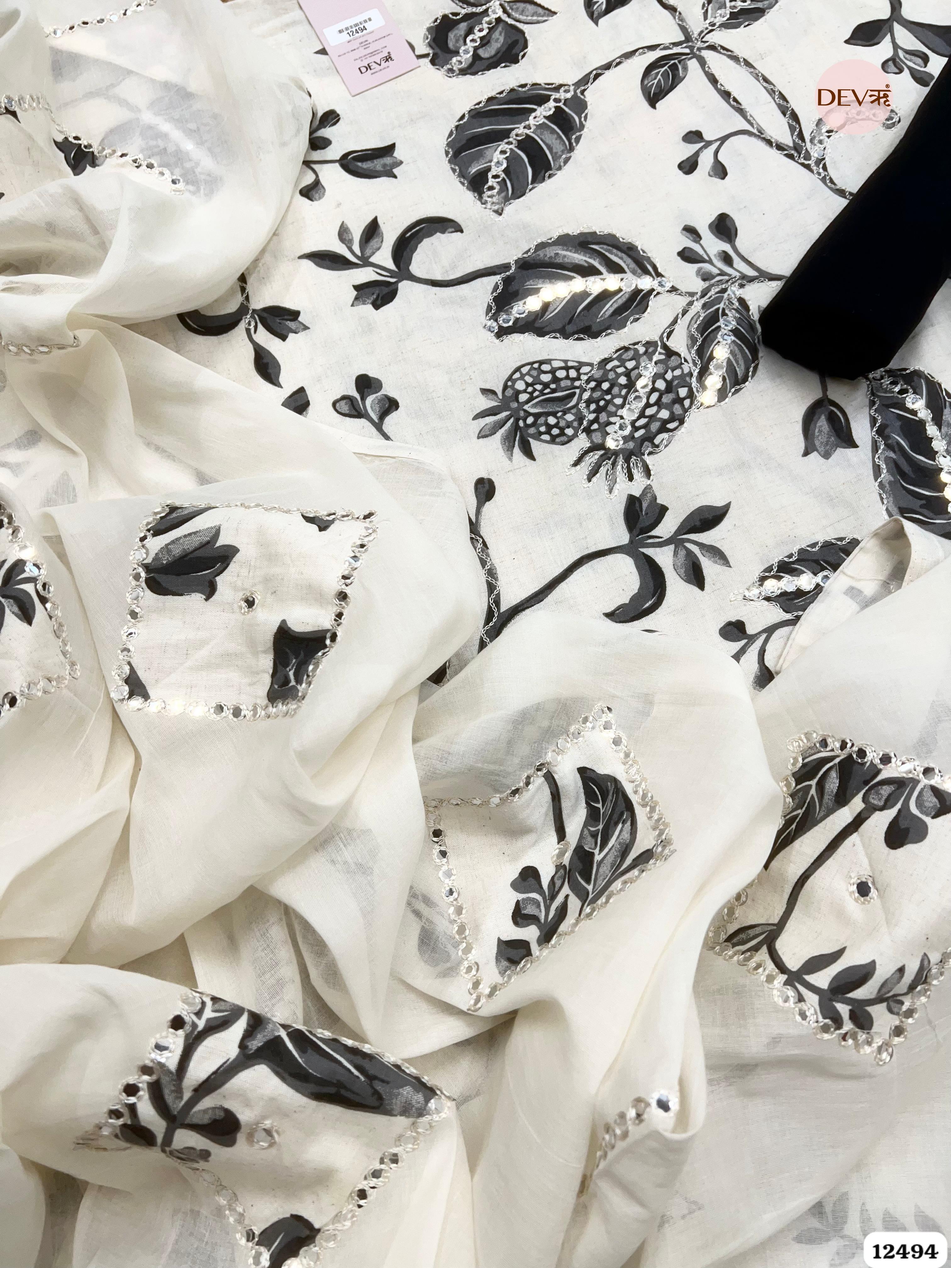 Ivory & Charcoal Pure Cotton Printed Unstitched 3-Piece Suit (Devri – D.No 12494)