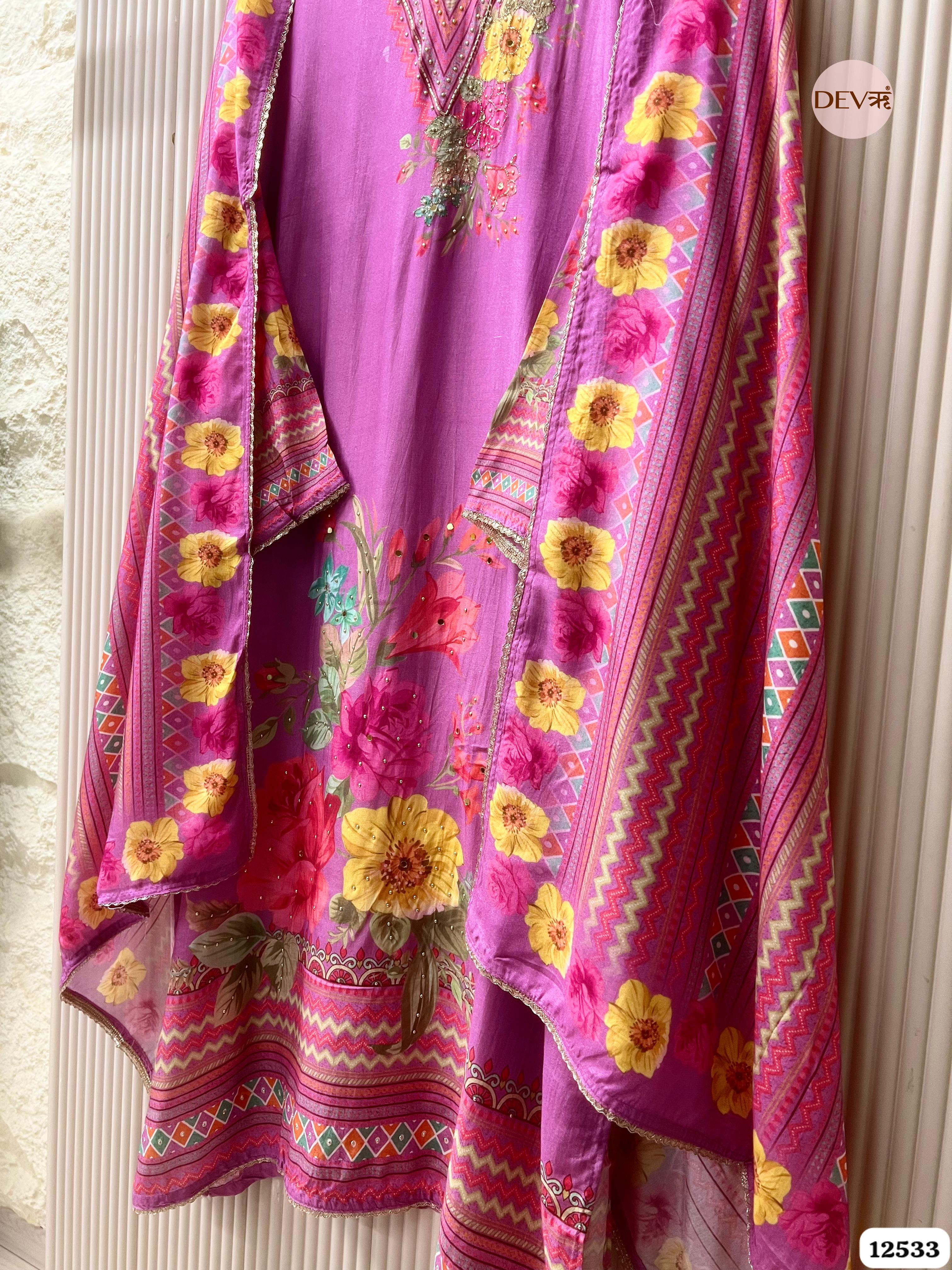 Rose Pink Muslin Printed Unstitched 3-Piece Suit (Devri – D.No. 12533)