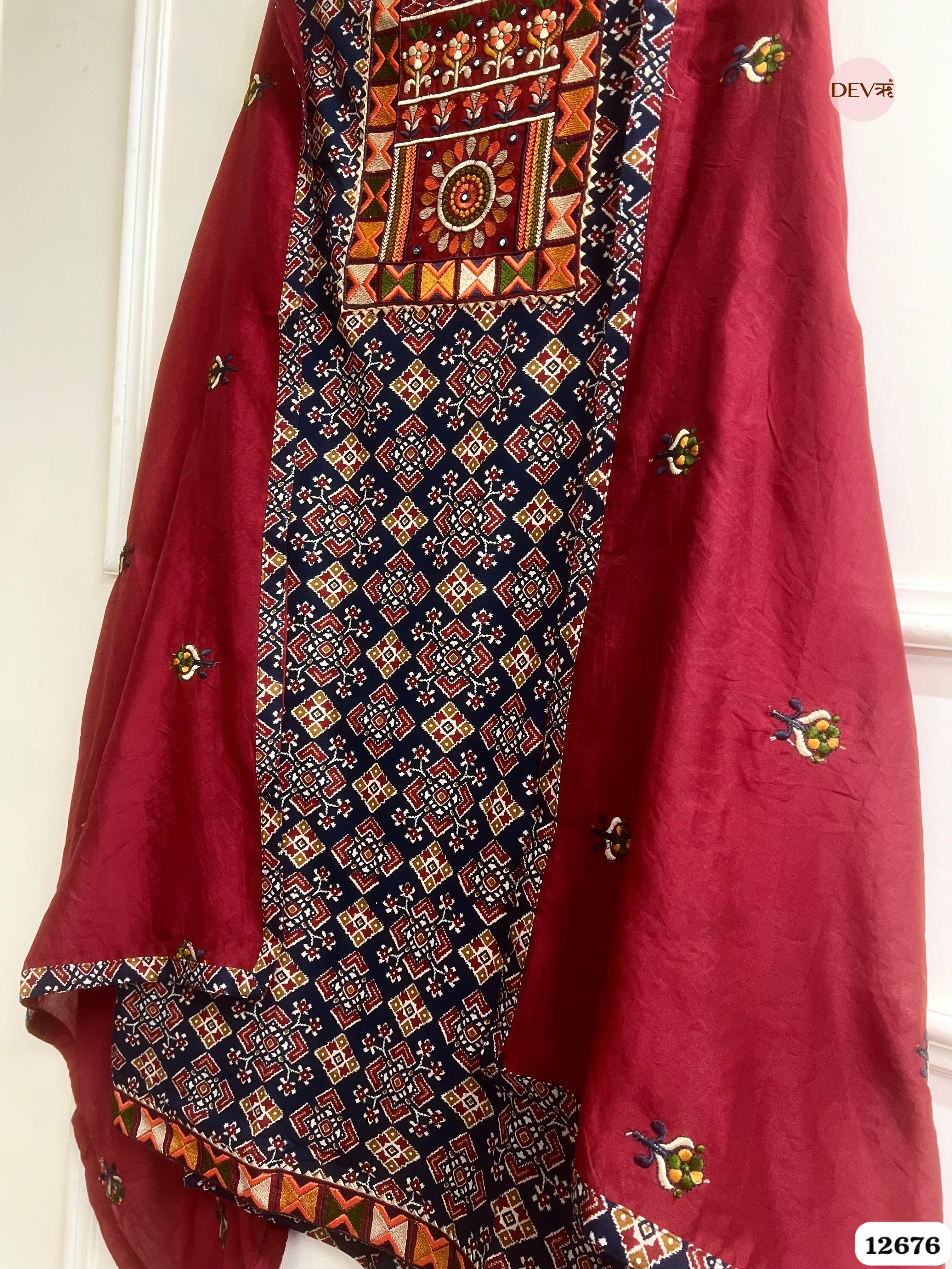 Navy and Maroon Modal Silk Printed Unstitched 3-Piece Suit (Devri – D.No 12676)