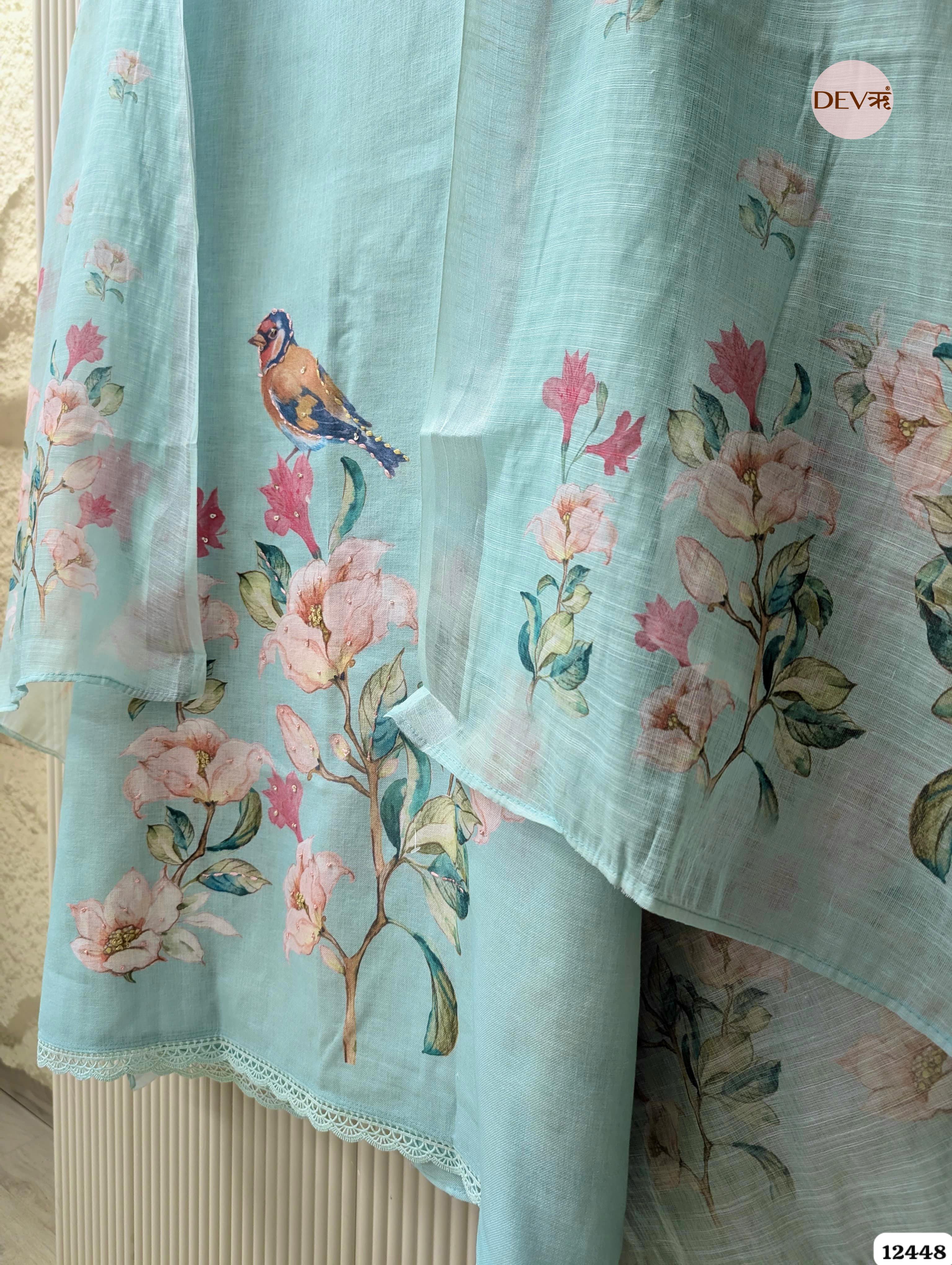 Aqua Blue Linen Cotton Printed Unstitched 3-Piece Suit (Devri – D.No.12448)