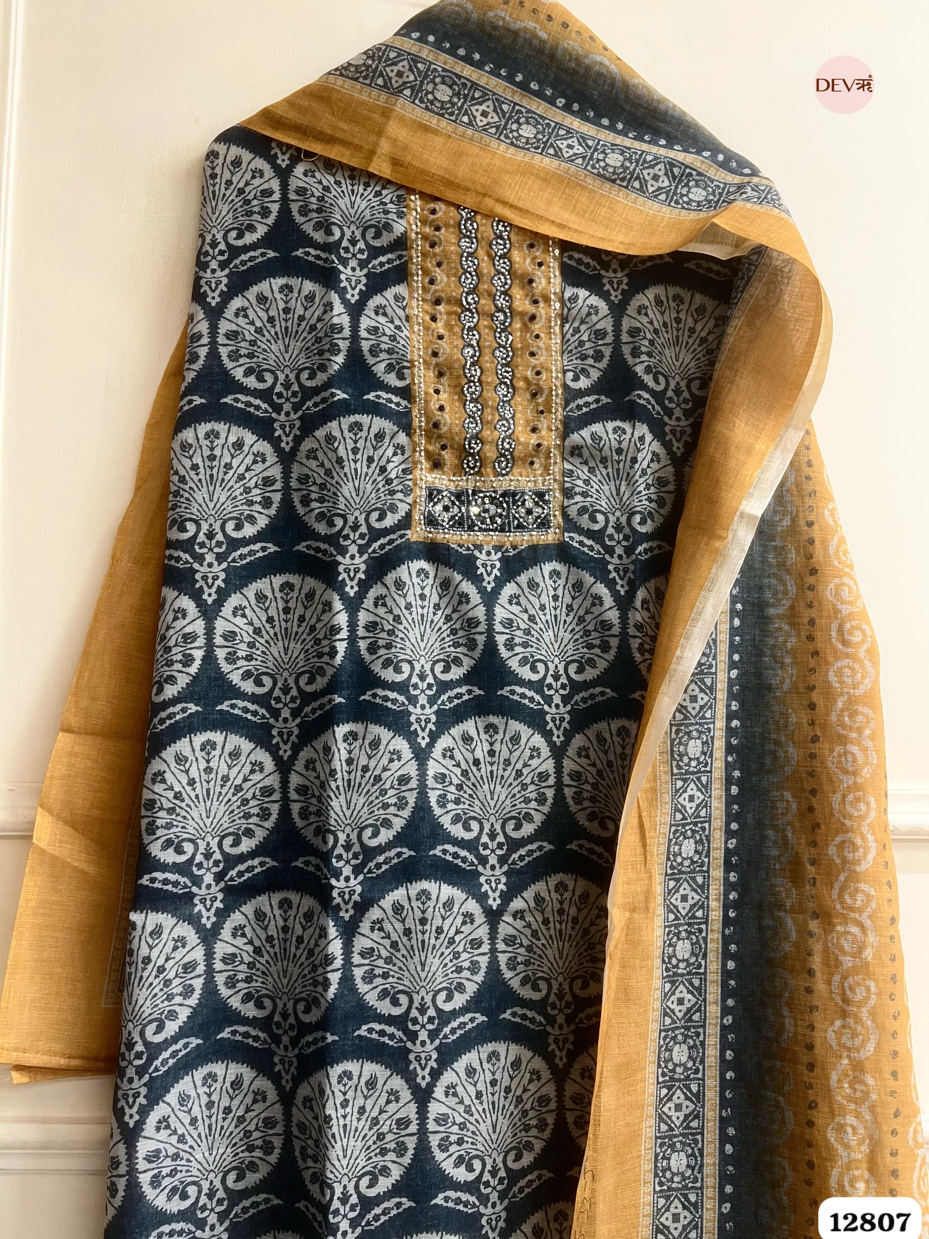 Grey Linen Cotton Printed Unstitched 3-Piece Suit (Devri – D.No 12807)