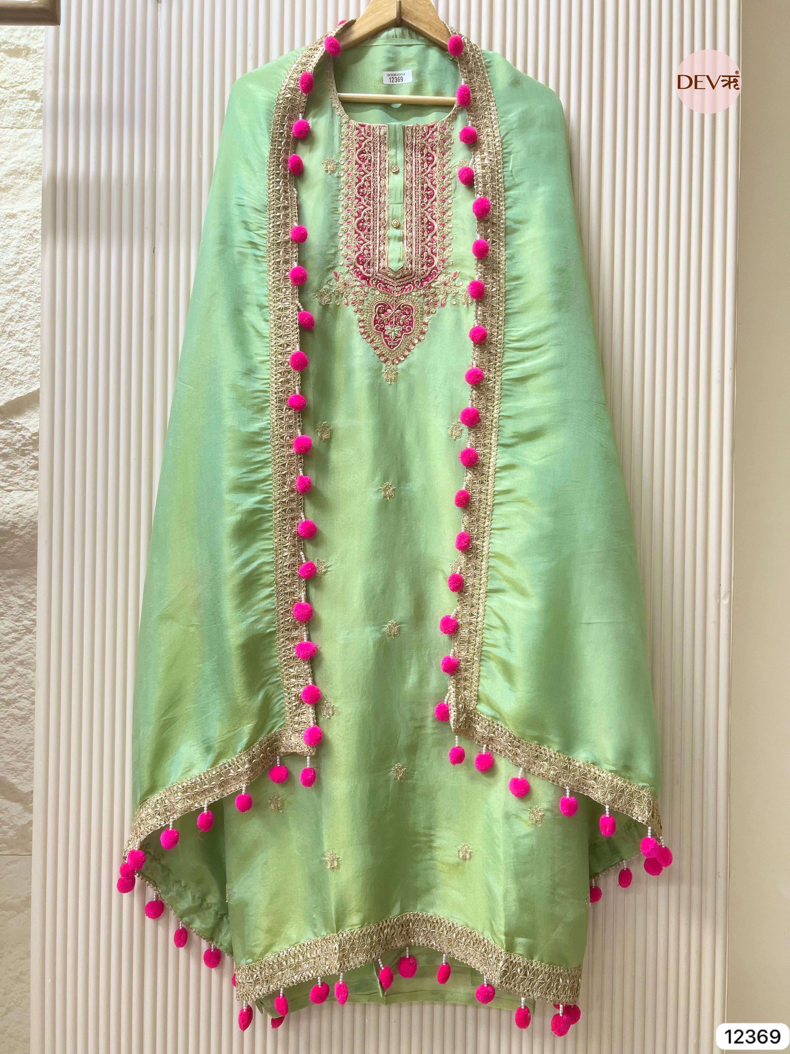 Mint Green Shimmer Silk Hand Embroidered Unstitched 3-Piece Suit (Devri – D.No 12369)