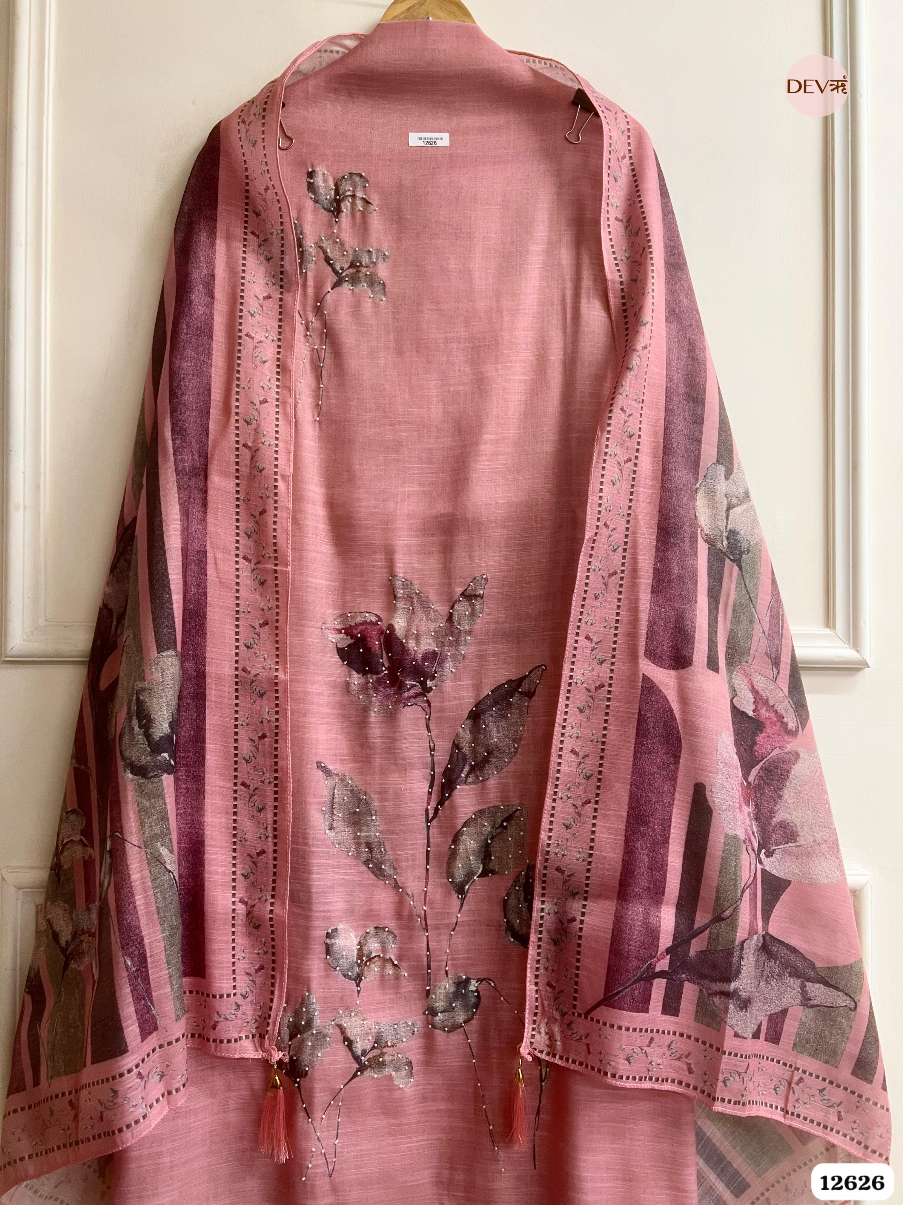 Pink Linen Printed Unstitched 3-Piece Suit (Devri – D.No 12626)