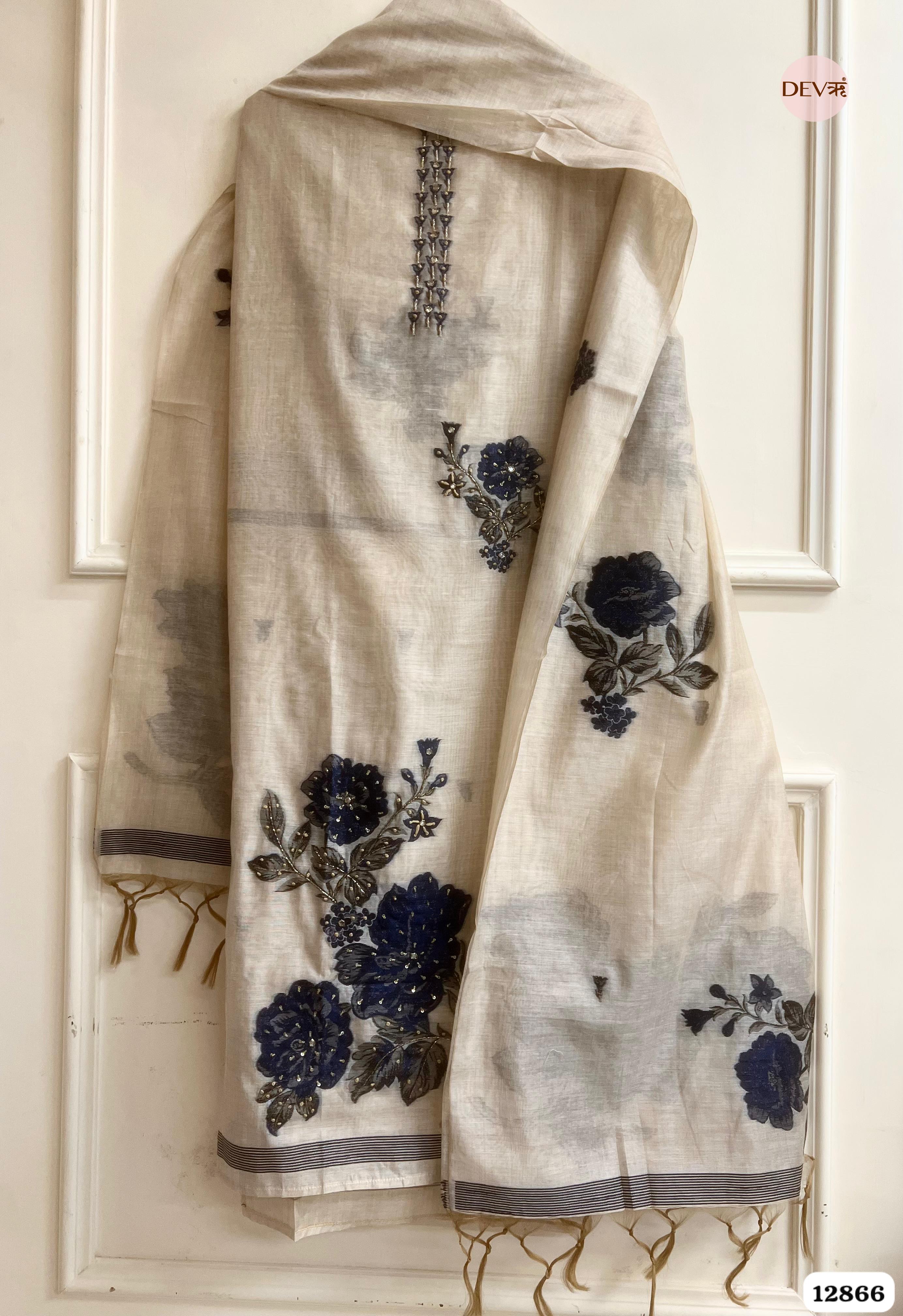 Ivory Mul Chanderi Embroidered Unstitched 3-Piece Suit (Devri – D.No 12866)