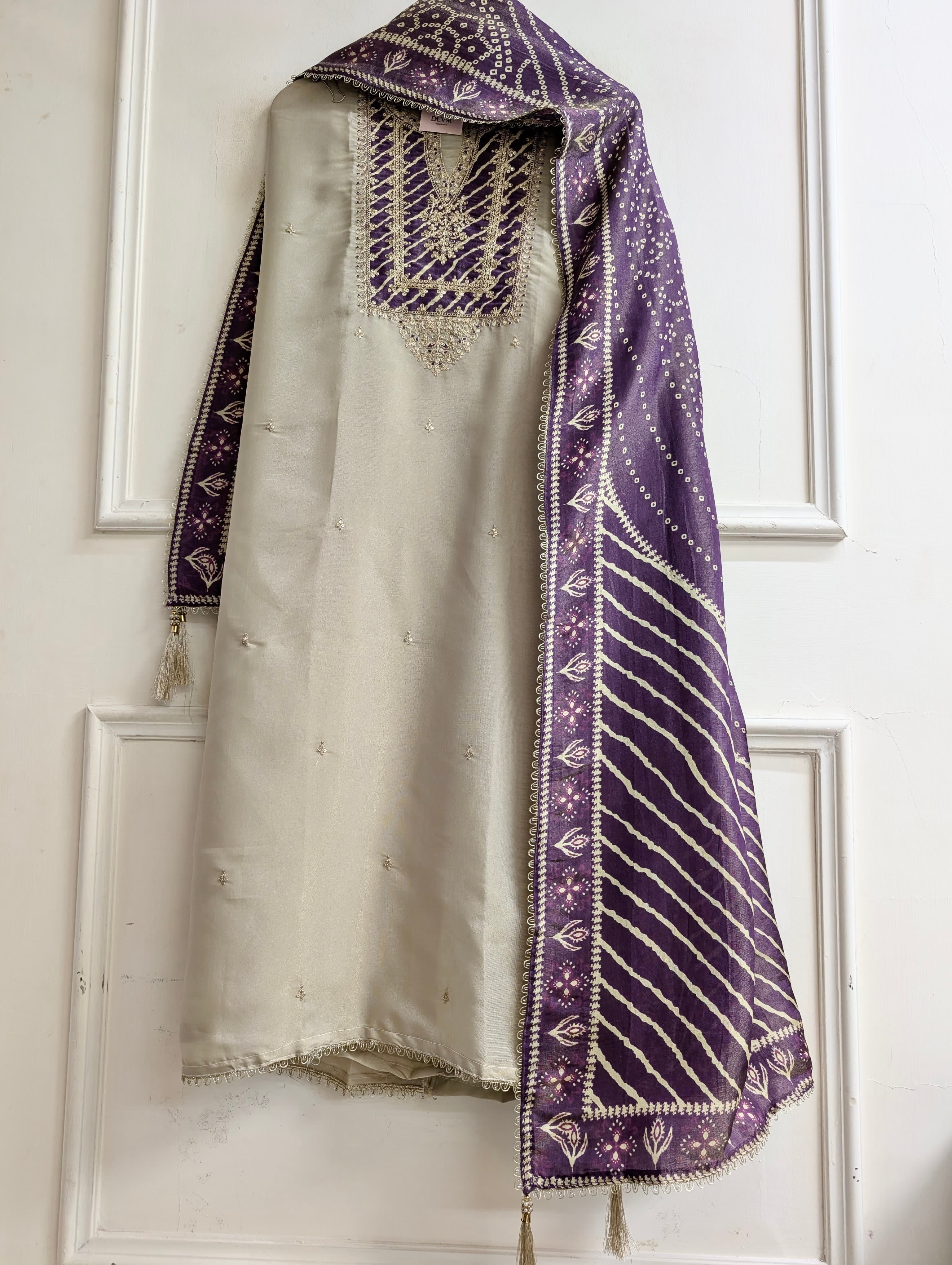 Beige Tissue Silk Embroidered Unstitched 3-Piece Suit (Devri – D.No 13718)