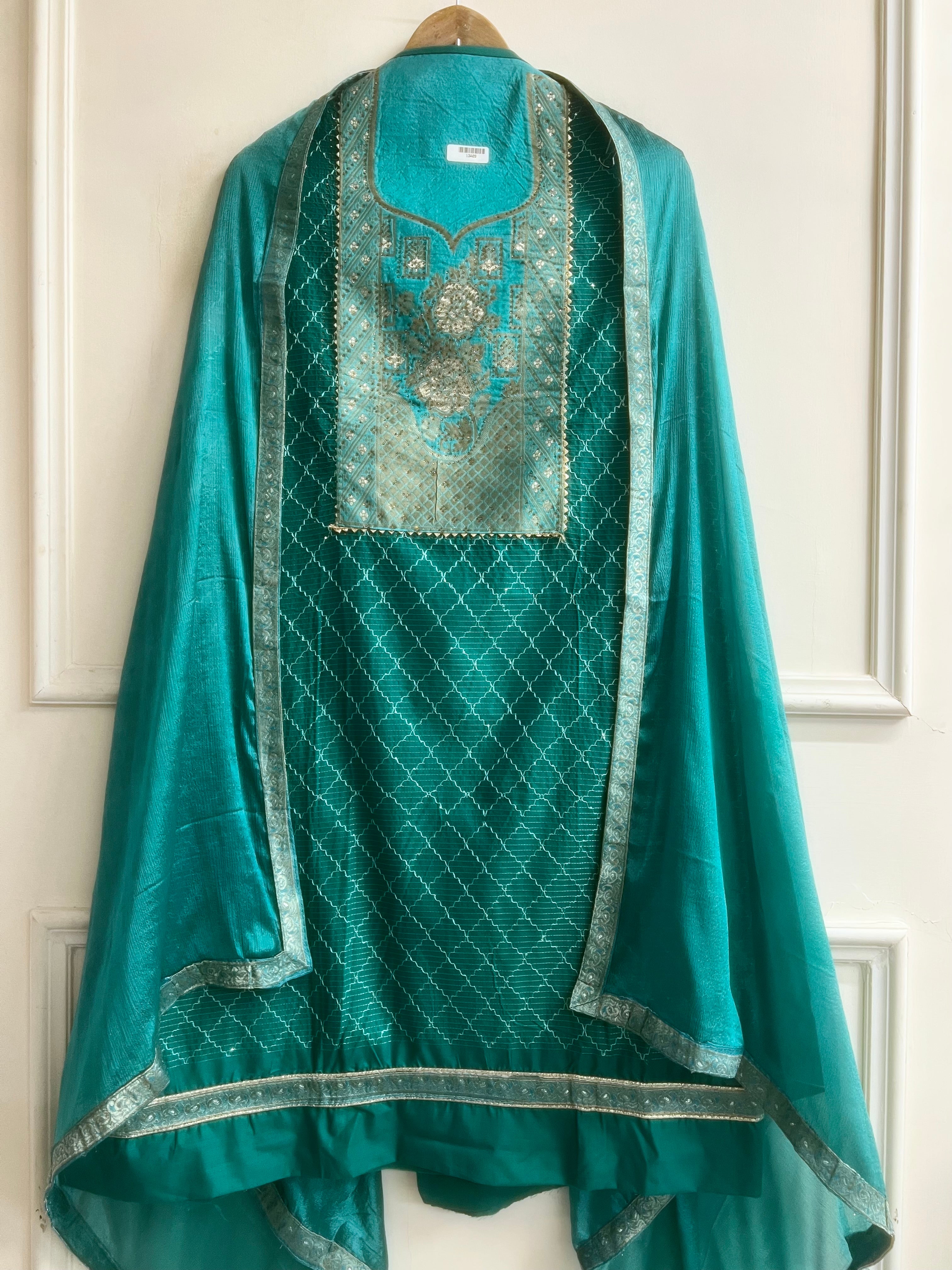 Teal Silk Blend Embroidered Unstitched 3-Piece Suit (Devri – D.No 13409)