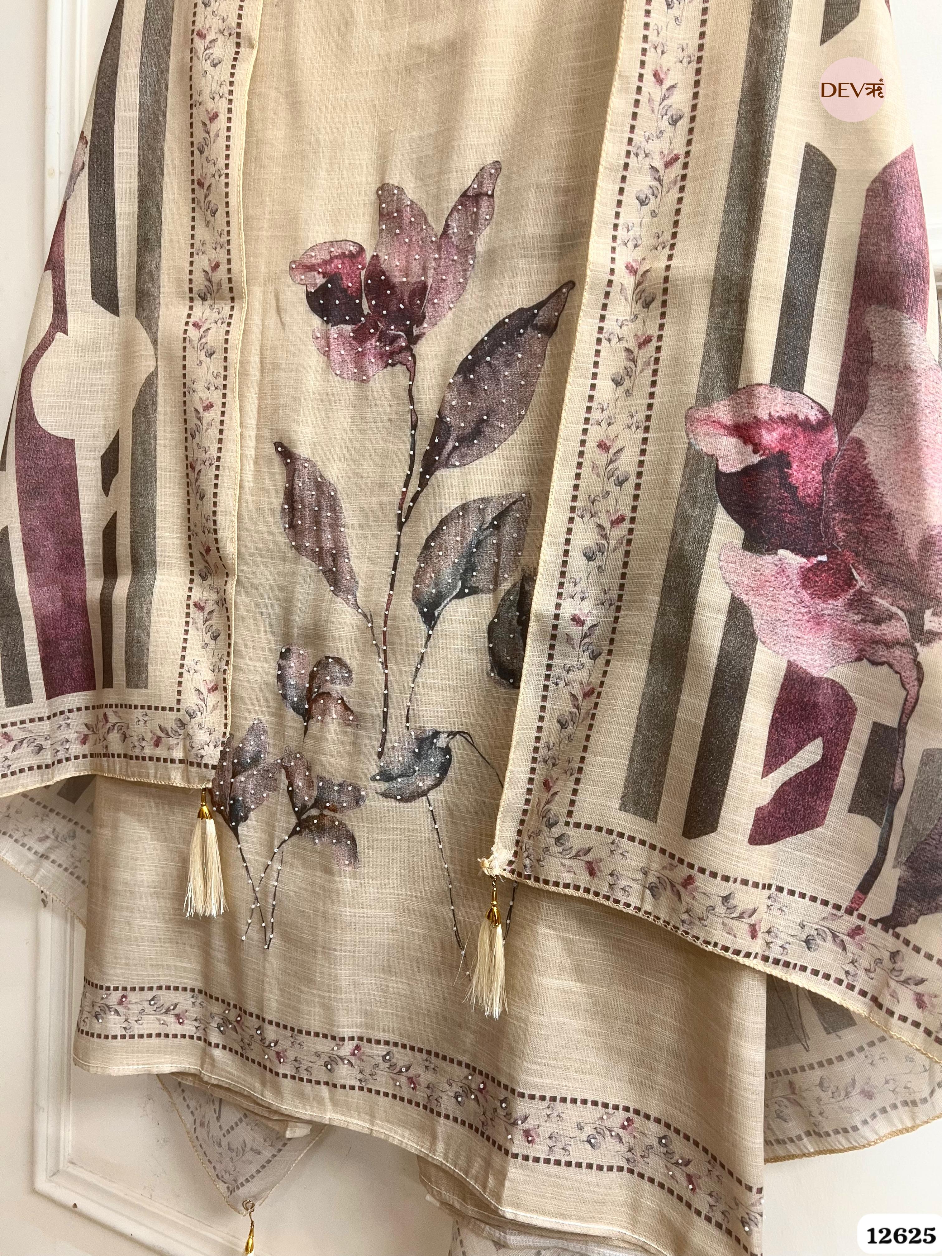 Beige Linen Printed Unstitched 3-Piece Suit (Devri – D.No 12625)