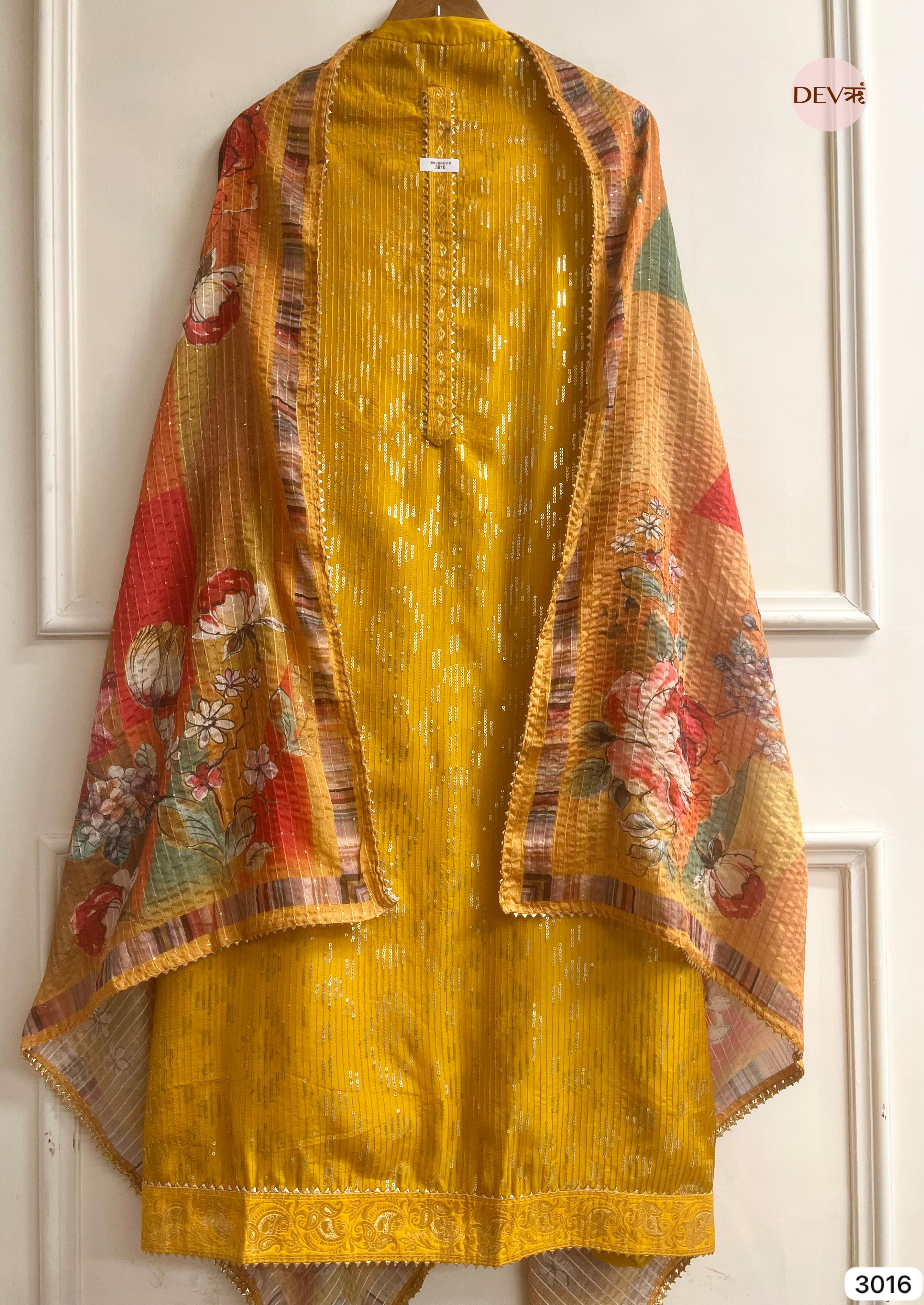 Yellow Upada Silk Embroidered Unstitched 3-Piece Suit (Devri – D.No 3016)