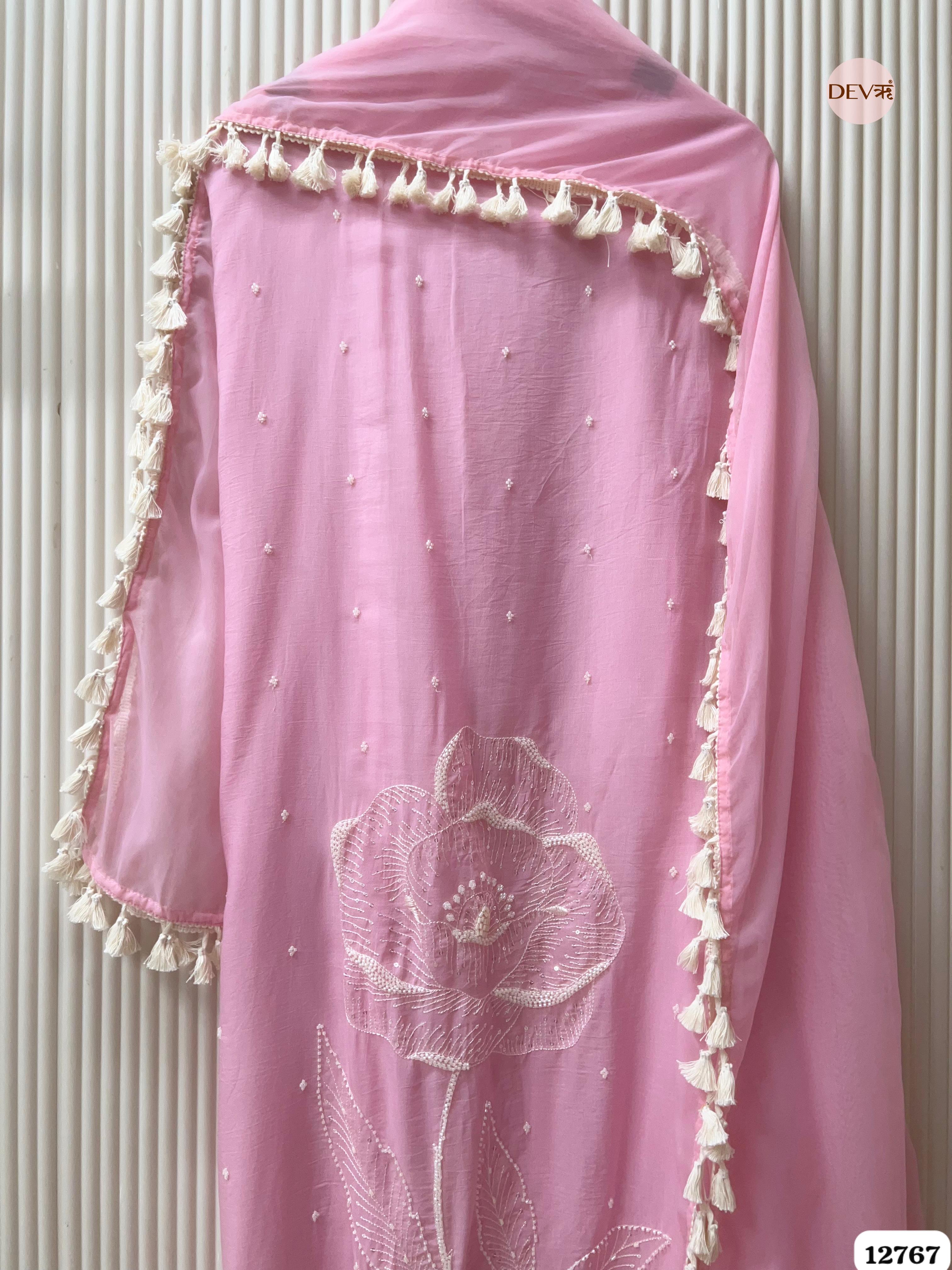 Pink Mul Cotton Hand-Embroidered Unstitched 3-Piece Suit (Devri – D.No 12767)
