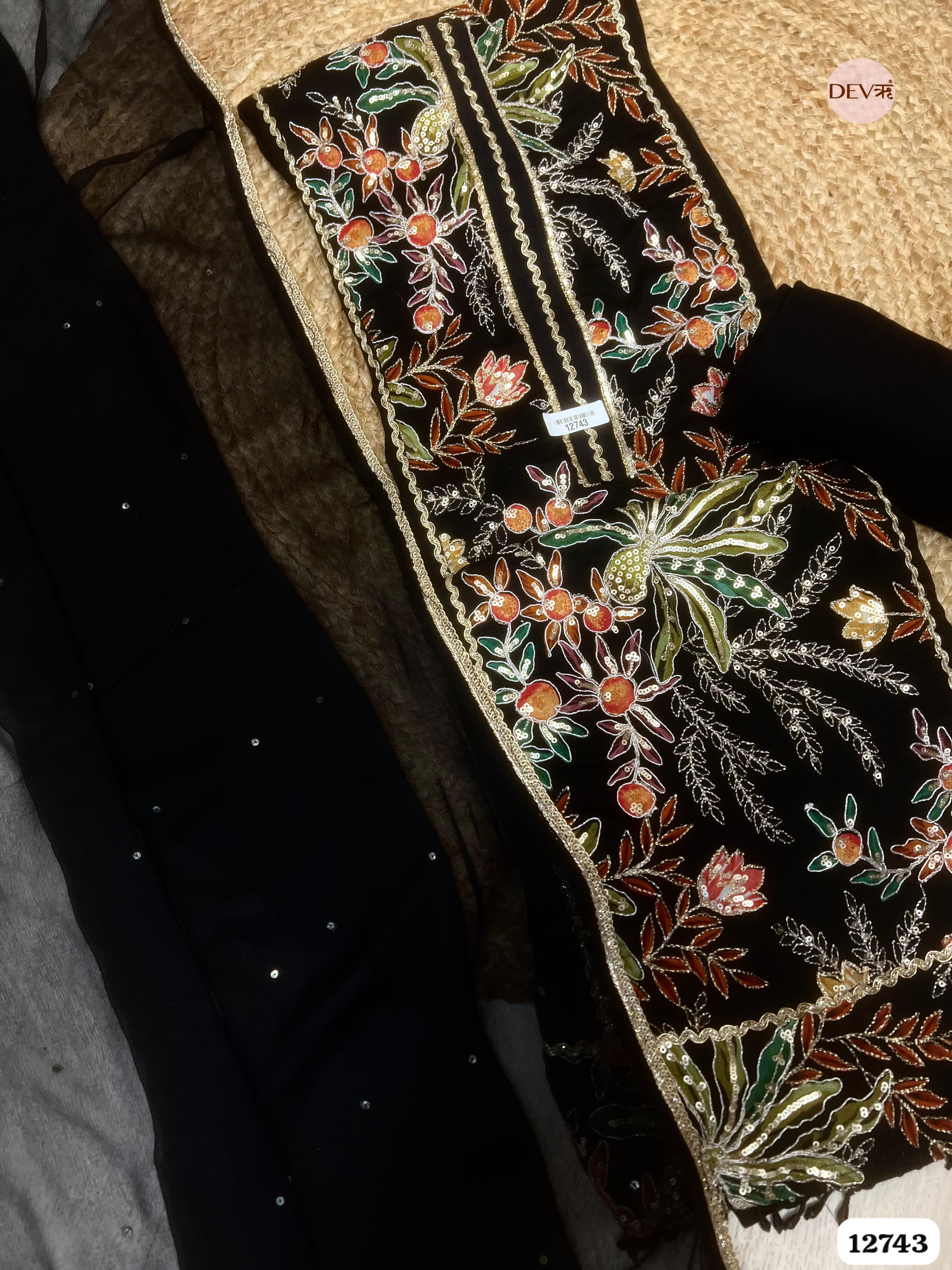 Black Chinon Embroidered Unstitched 3-Piece Suit (Devri – D.No 12743)