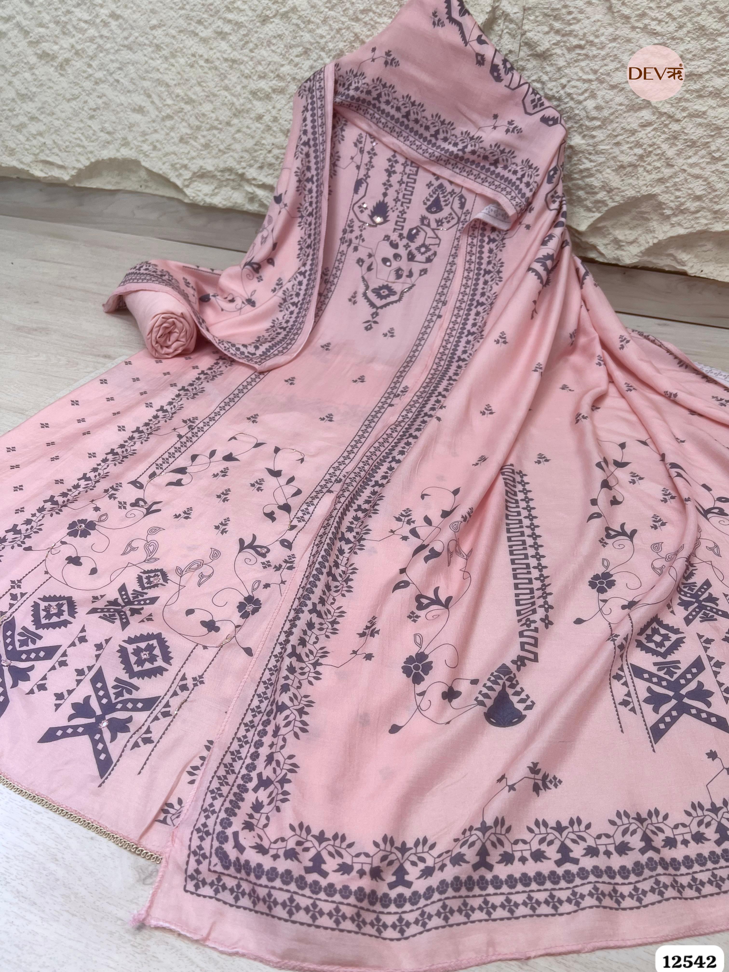 Pink Muslin Printed Unstitched 3-Piece Suit (Devri – D.No 12542)