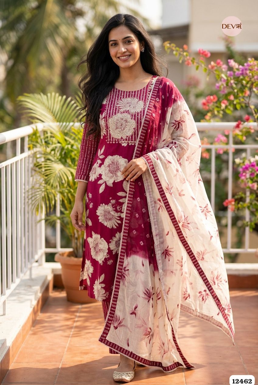 Deep Pink Cotton Printed Unstitched 3-Piece Suit (Devri – D.No. 12462)