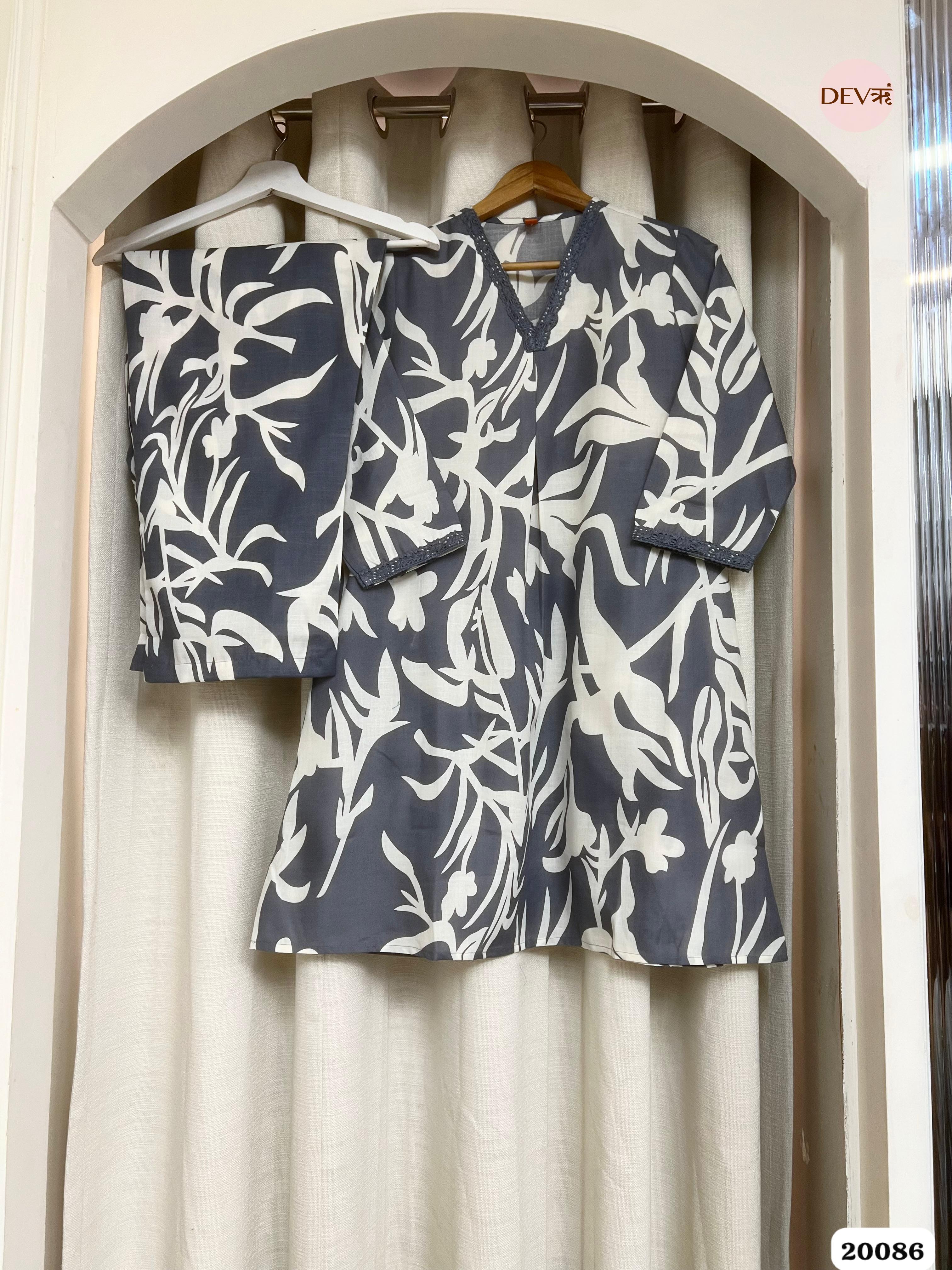 Drishti Cotton Printed Charcoal & Ivory 2-Piece Set (Devri – D.No 20086)