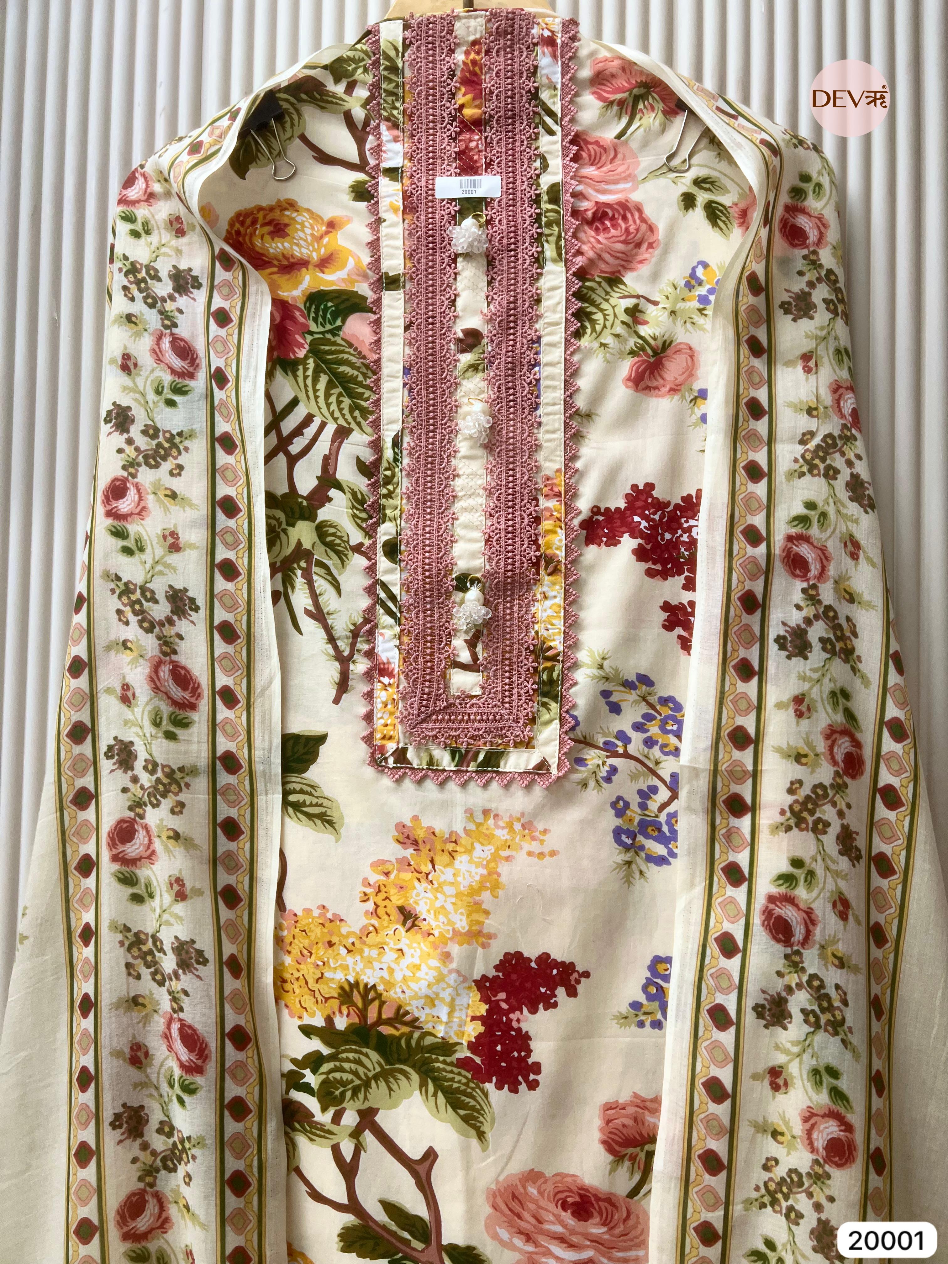 Ivory Pure Cotton Printed Unstitched 3-Piece Suit (Devri – Dno. 20001)
