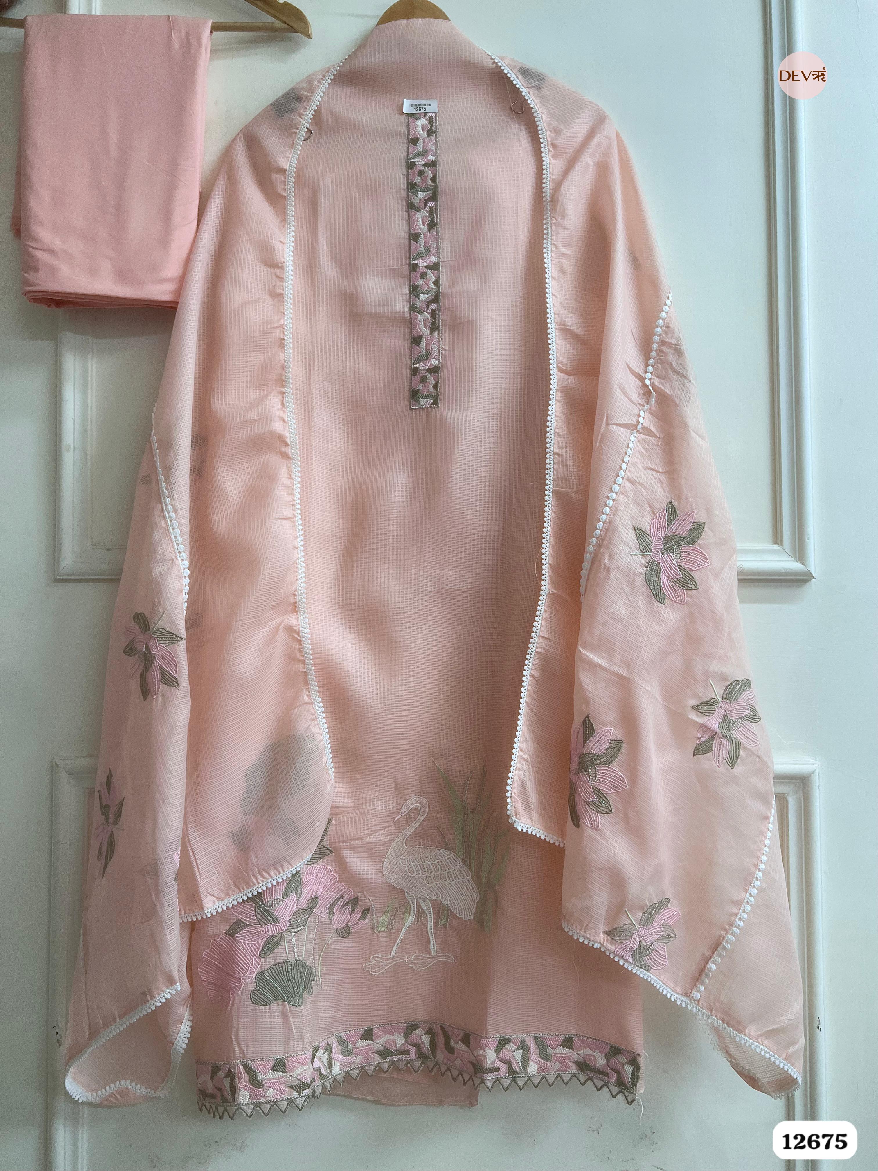 Peach Kota Embroidered Unstitched 3-Piece Suit (Devri – D.No 12675)