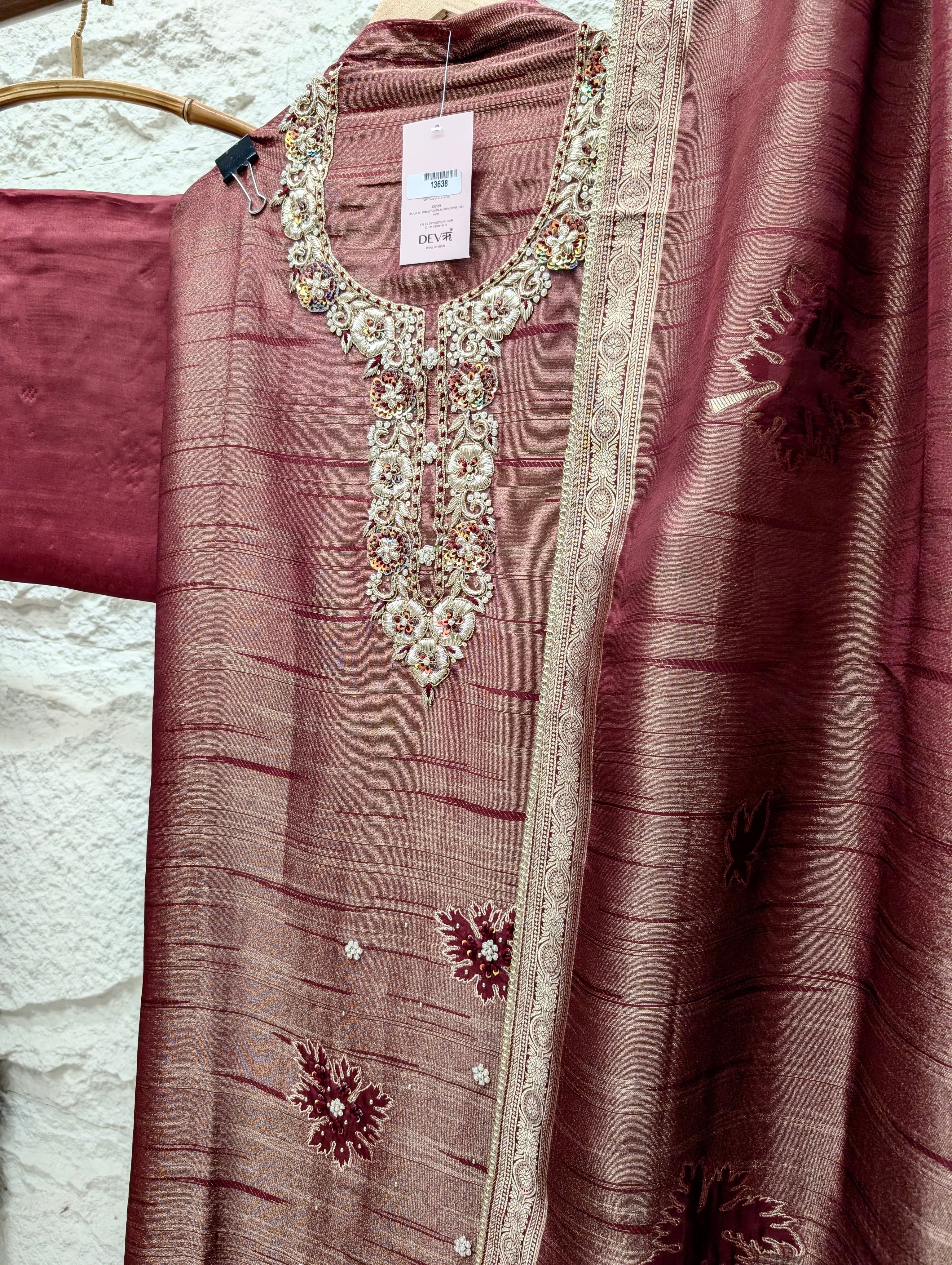 Wine Pure Girafe Banarasi Silk Embroidered Unstitched 3-Piece Suit (Devri – D.No 13638)
