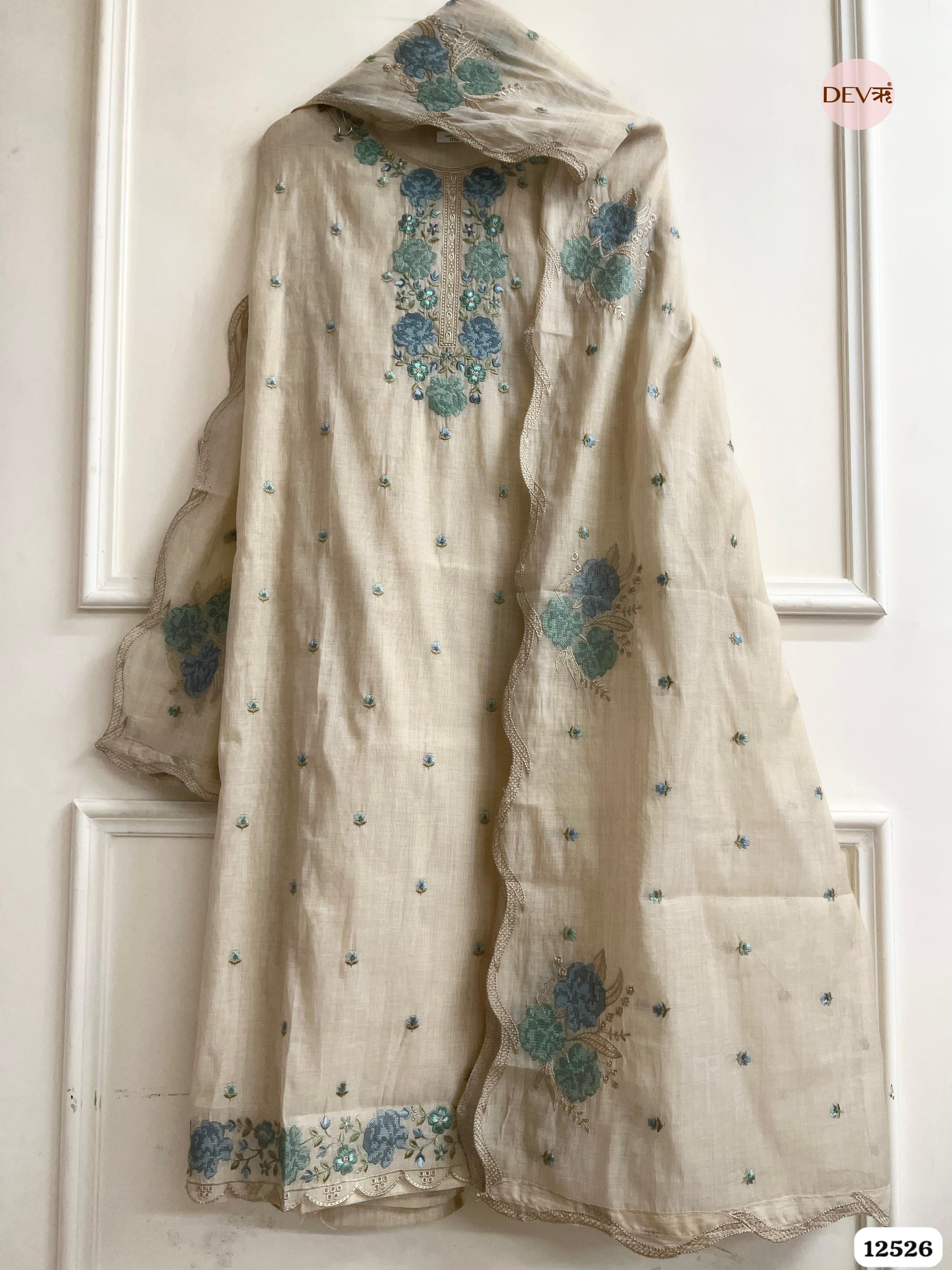 baige Mul Chanderi Embroidered Unstitched 3-Piece Suit (Devri – D.No. 12526)