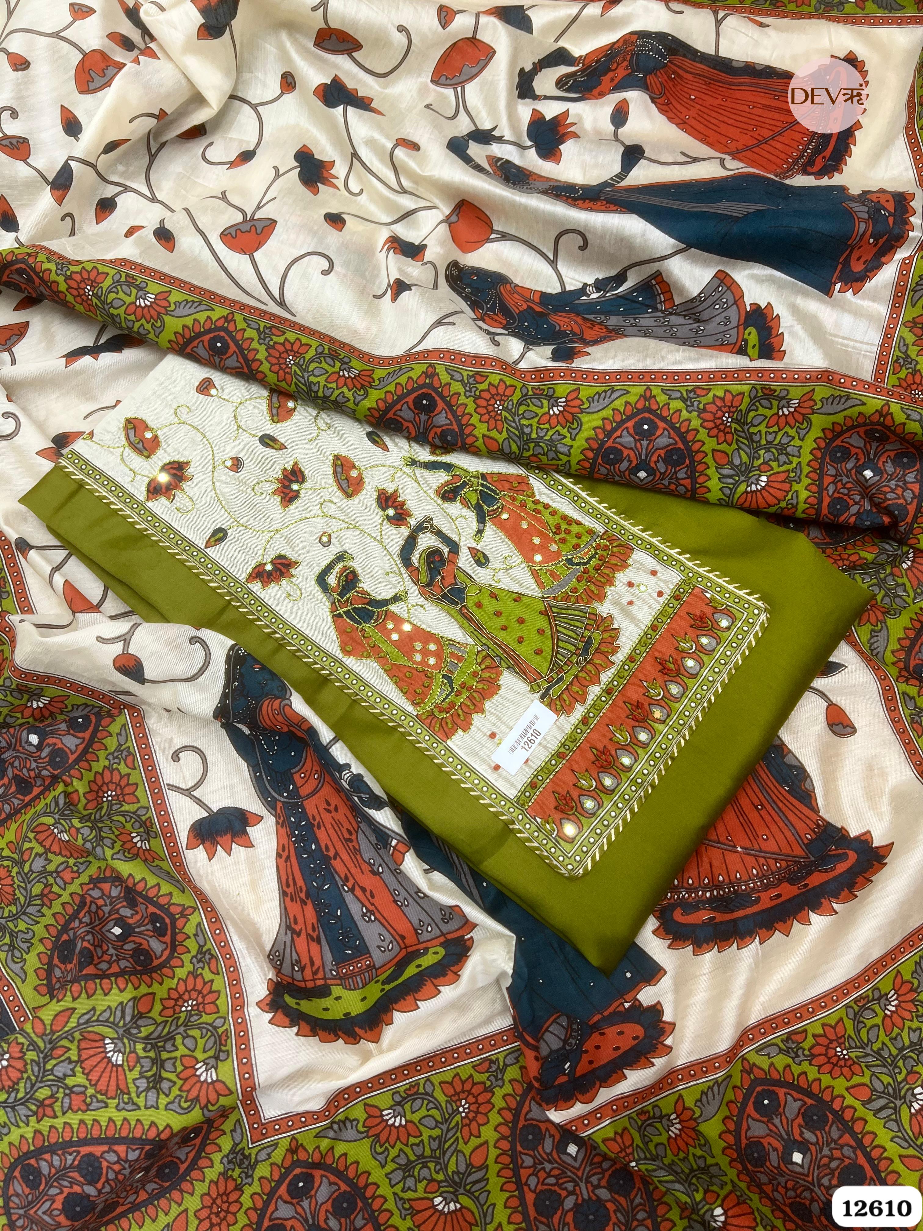 Mehendi Green Glace Cotton Hand Painted Unstitched 3-Piece Suit (Devri – D.No 12610)