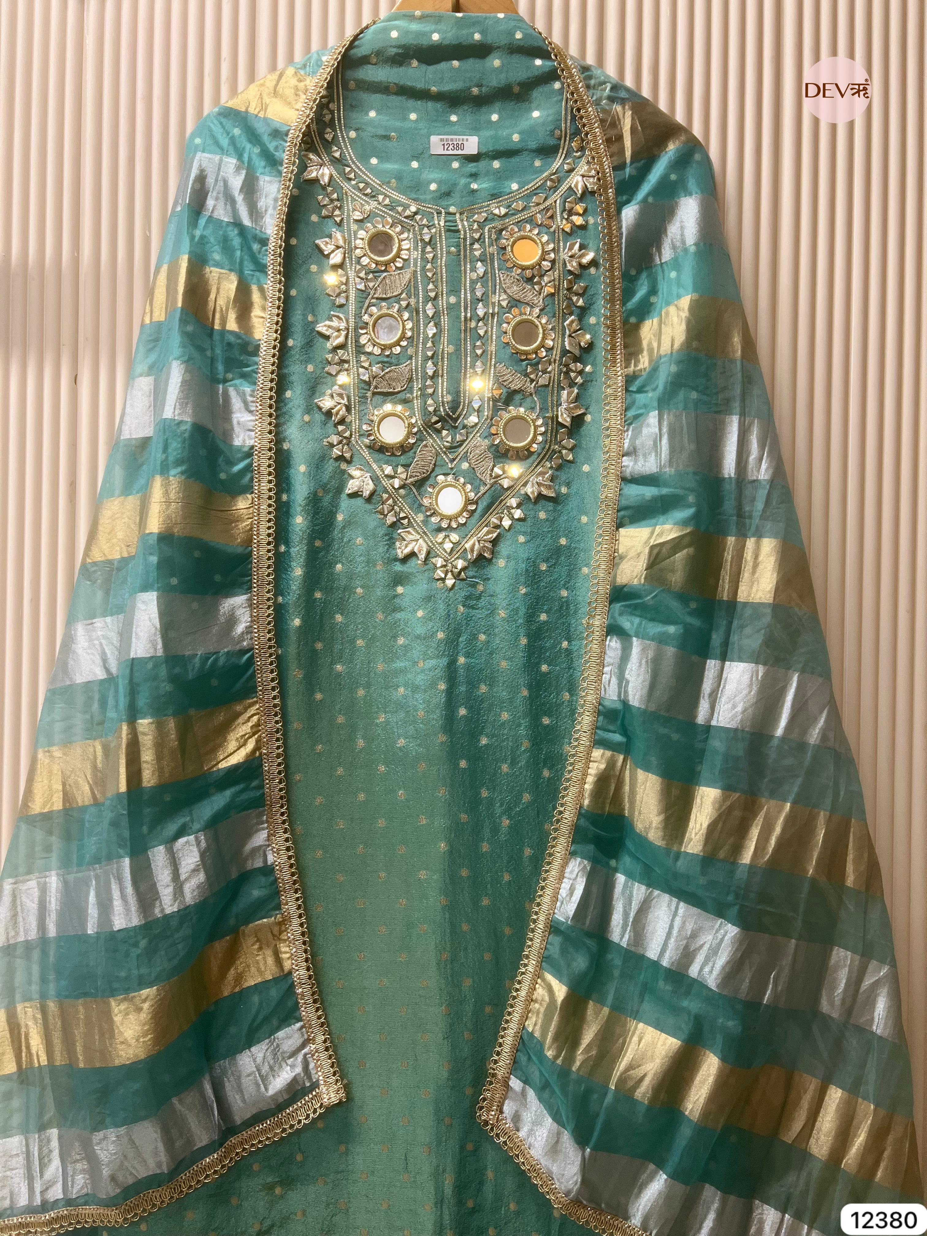 Sea Green Tissue Silk Embroidered Unstitched 3-Piece Suit (Devri – D.No 12380)