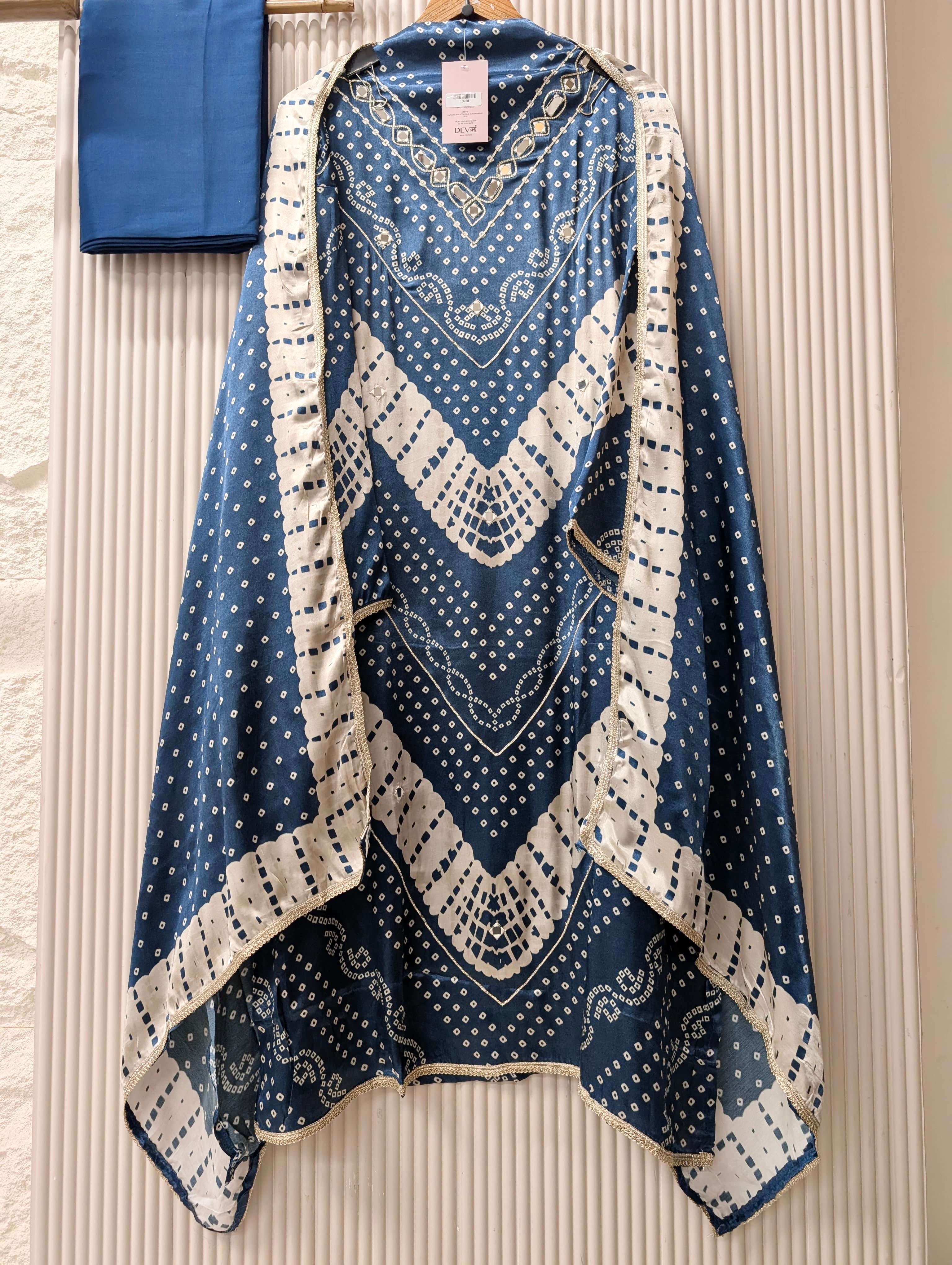 Blue Gajji Silk Printed Unstitched 3-Piece Suit (Devri – D.No 13730)