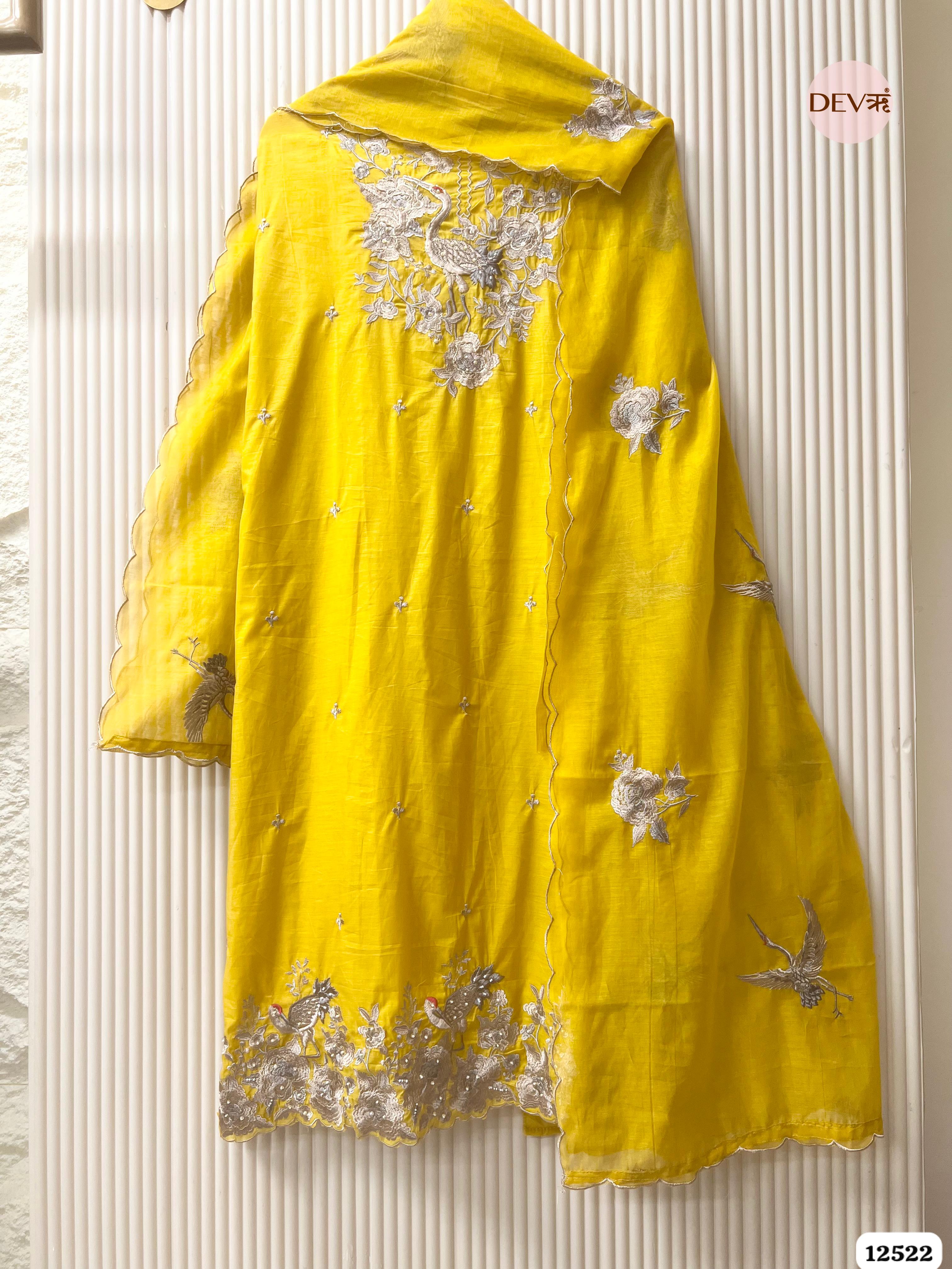 Yellow Pure Mul Chanderi Embroidered Unstitched 3-Piece Suit (Devri – D.No 12522)