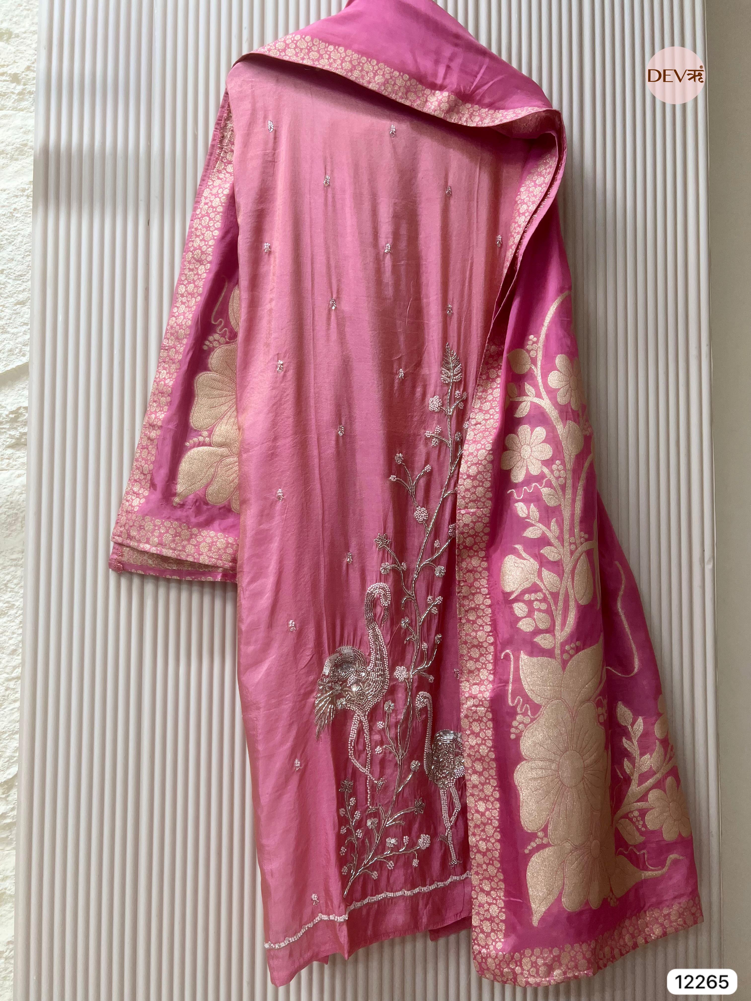 Pink Tissue Shimmer Silk Embroidered Unstitched 3-Piece Suit (Devri – D.No 12265)