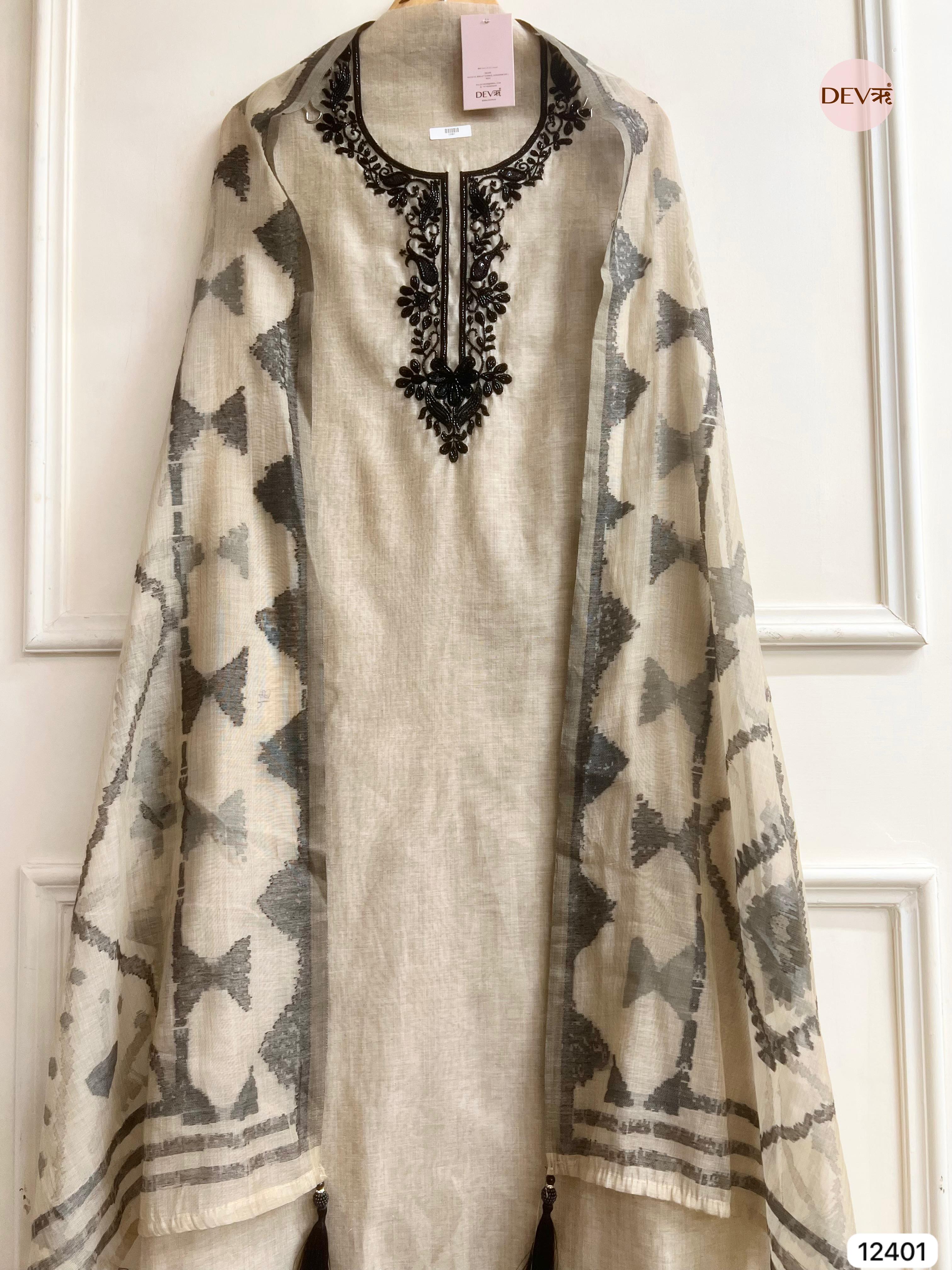 Beige Mul Chanderi Embroidered Unstitched 3-Piece Suit (Devri – D.No 12401)