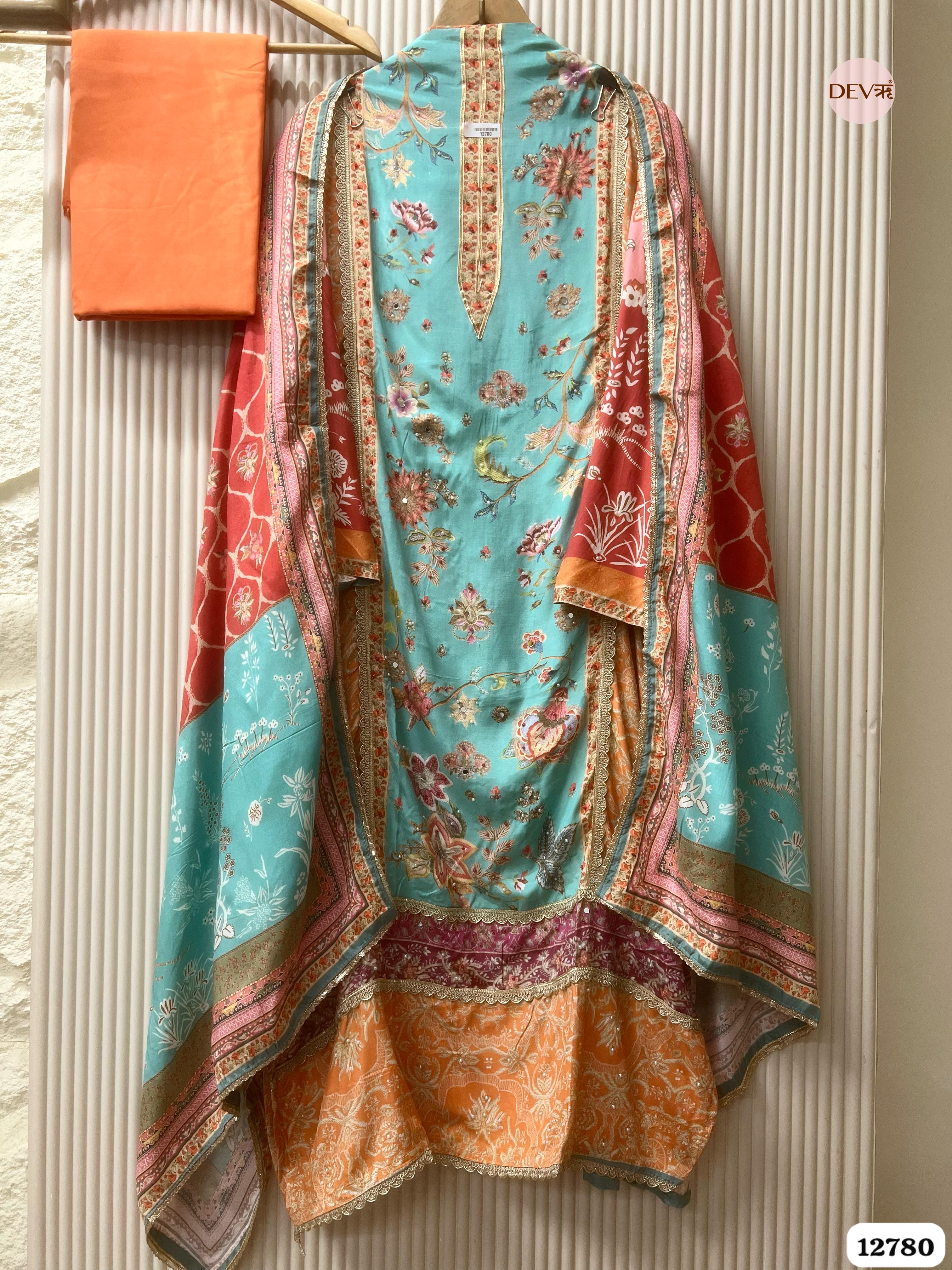 Aqua Muslin Printed Unstitched 3-Piece Suit (Devri – D.No 12780)