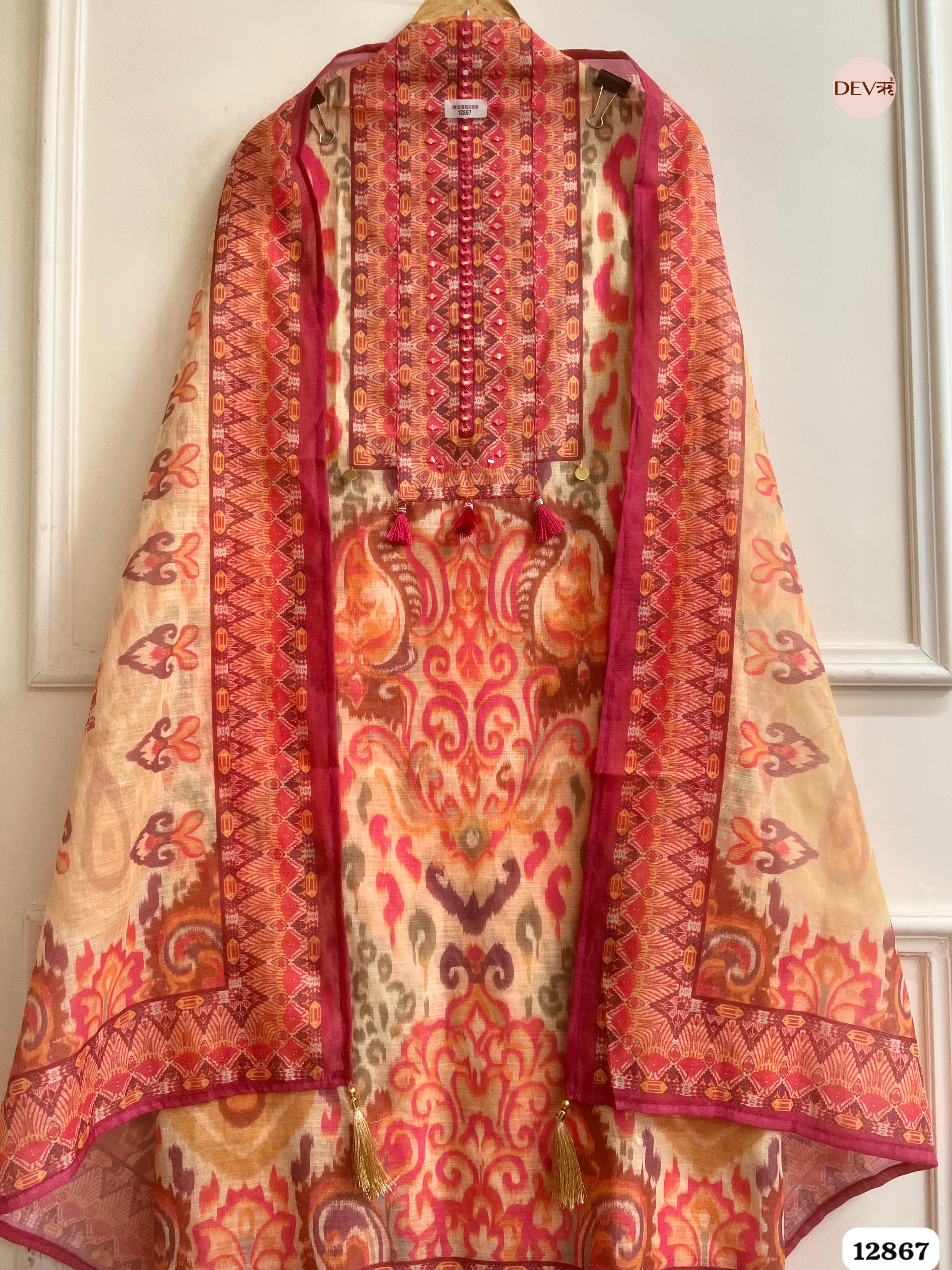 Pink Linen Cotton Printed Unstitched 3-Piece Suit (Devri – D.No 12867)