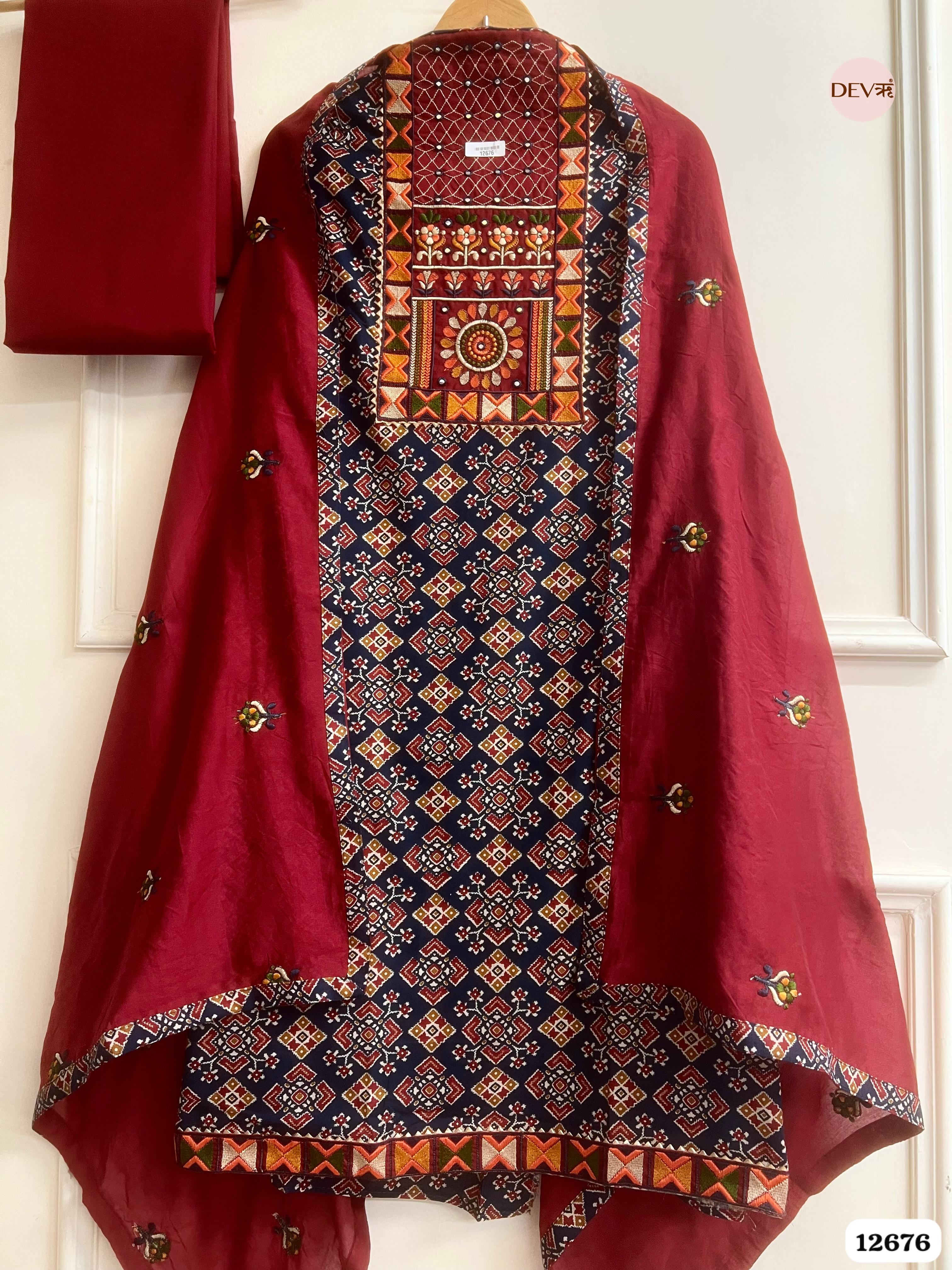 Navy and Maroon Modal Silk Printed Unstitched 3-Piece Suit (Devri – D.No 12676)