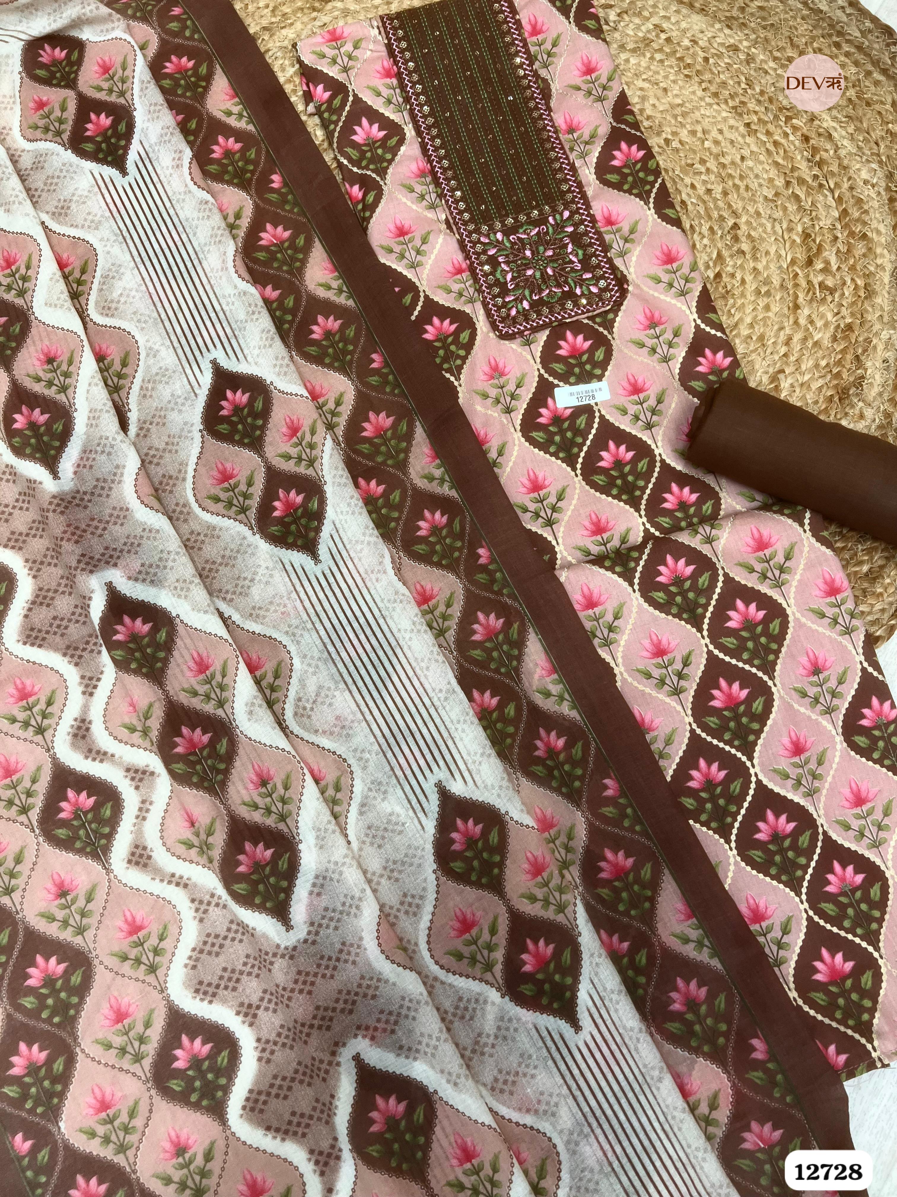Brown Cotton Embroidered Unstitched 3-Piece Suit (Devri – D.No 12728)