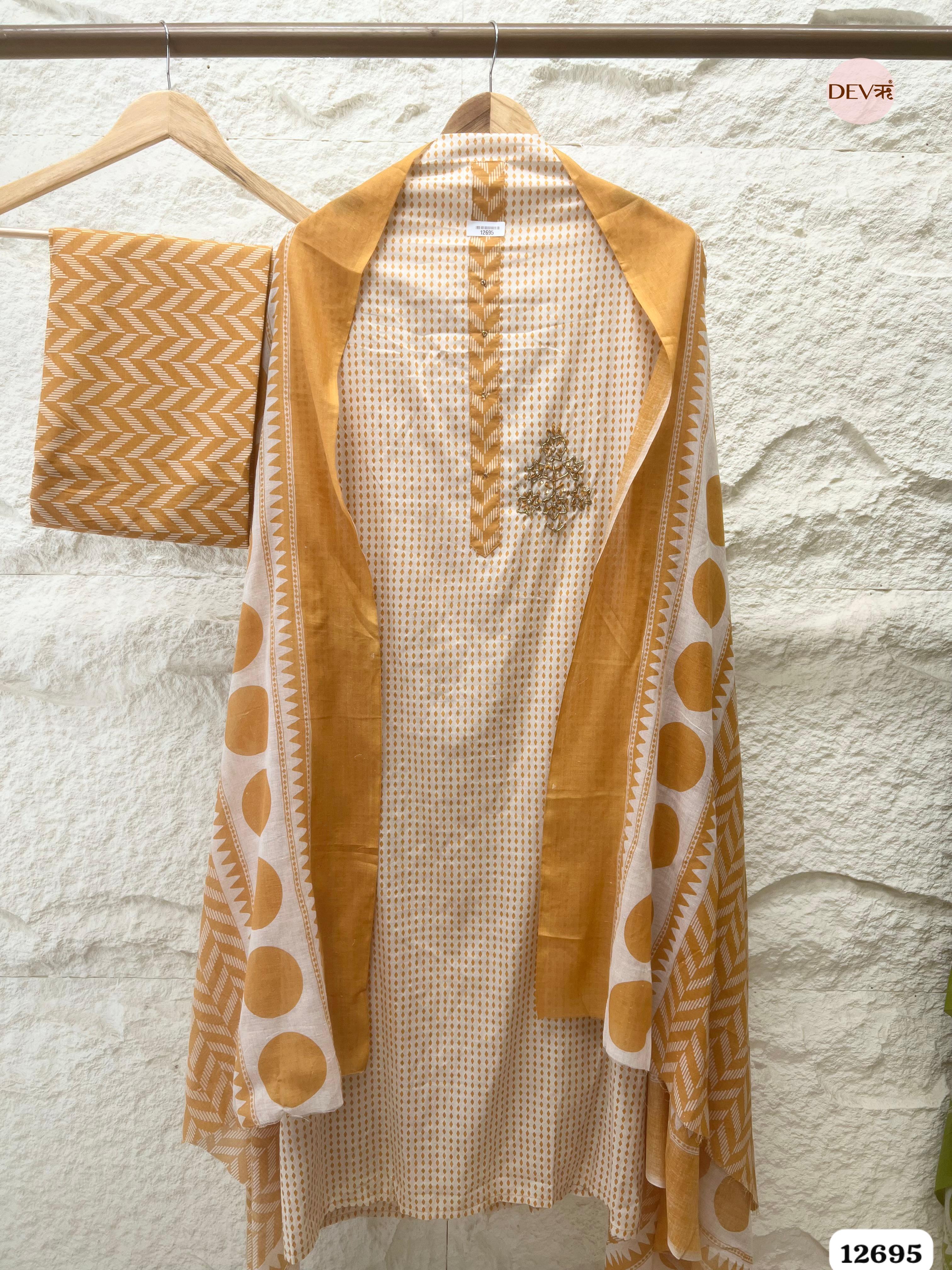 Mustard Yellow Cotton Printed Unstitched 3-Piece Suit (Devri – D.No 12695)