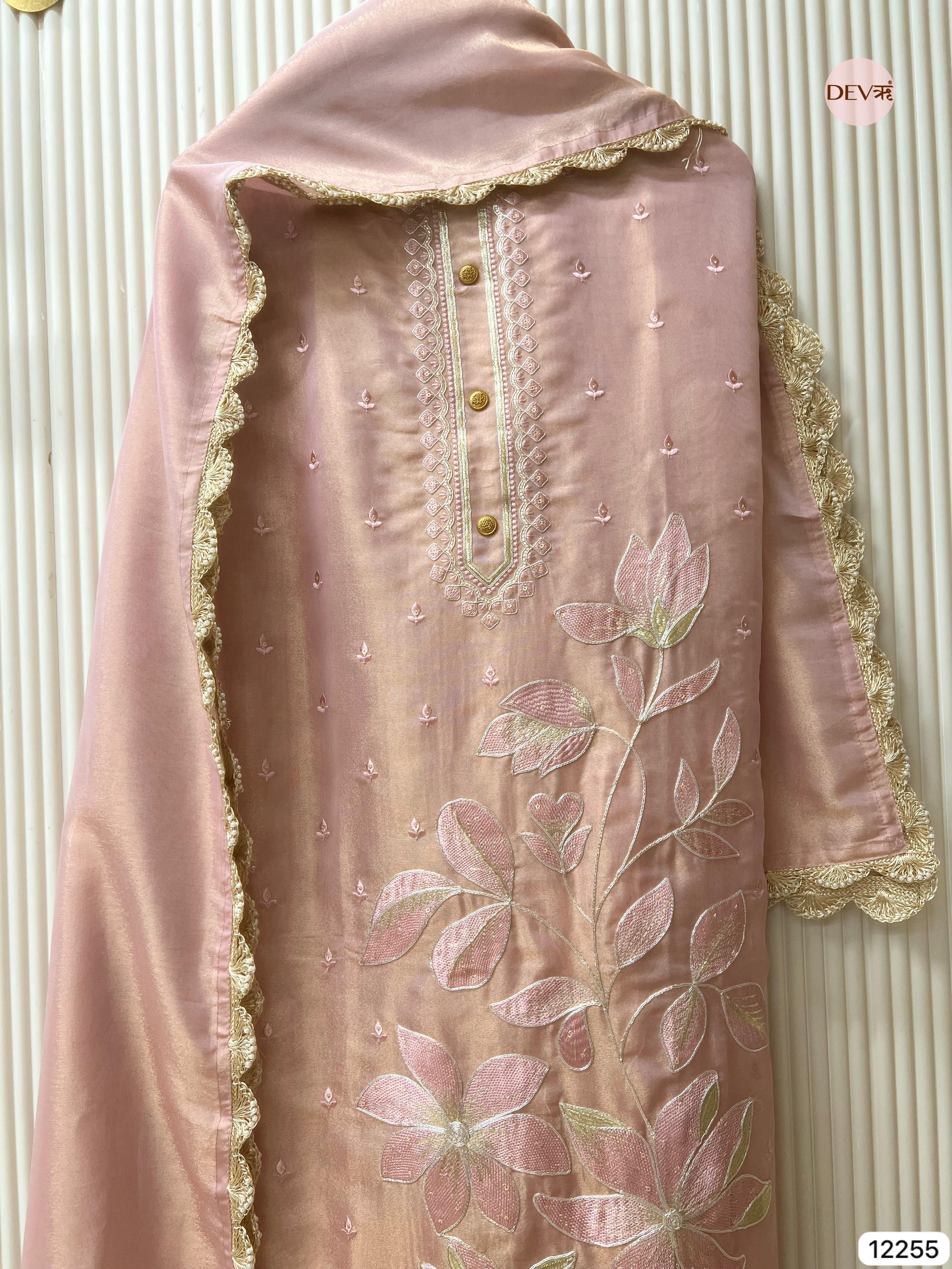 Rose Gold Shimmer Silk Embroidered Unstitched 3-Piece Suit (Devri – D.No 12255)