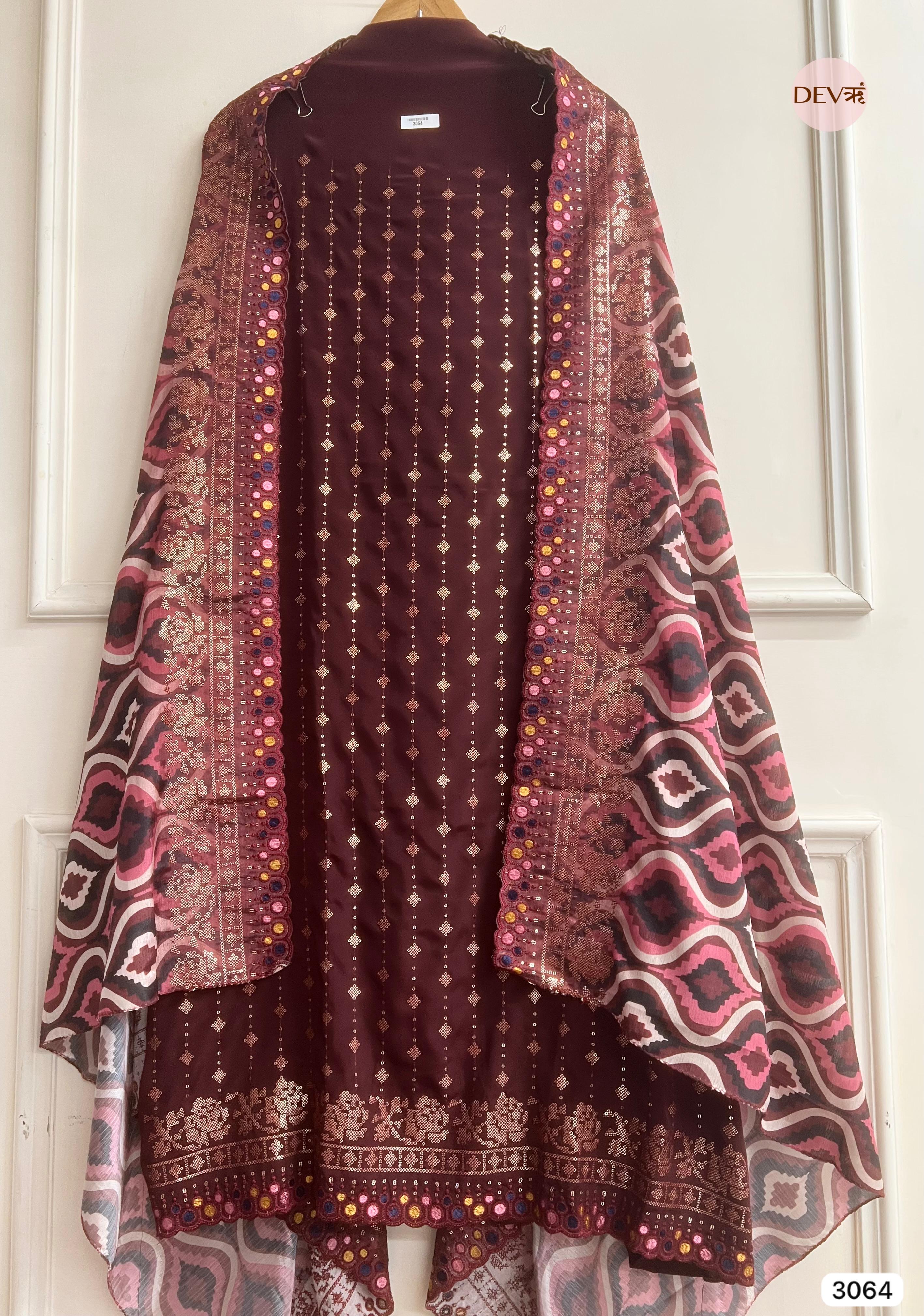 Wine Upada Silk Embroidered Unstitched 3-Piece Suit (Devri – D.No 3064)