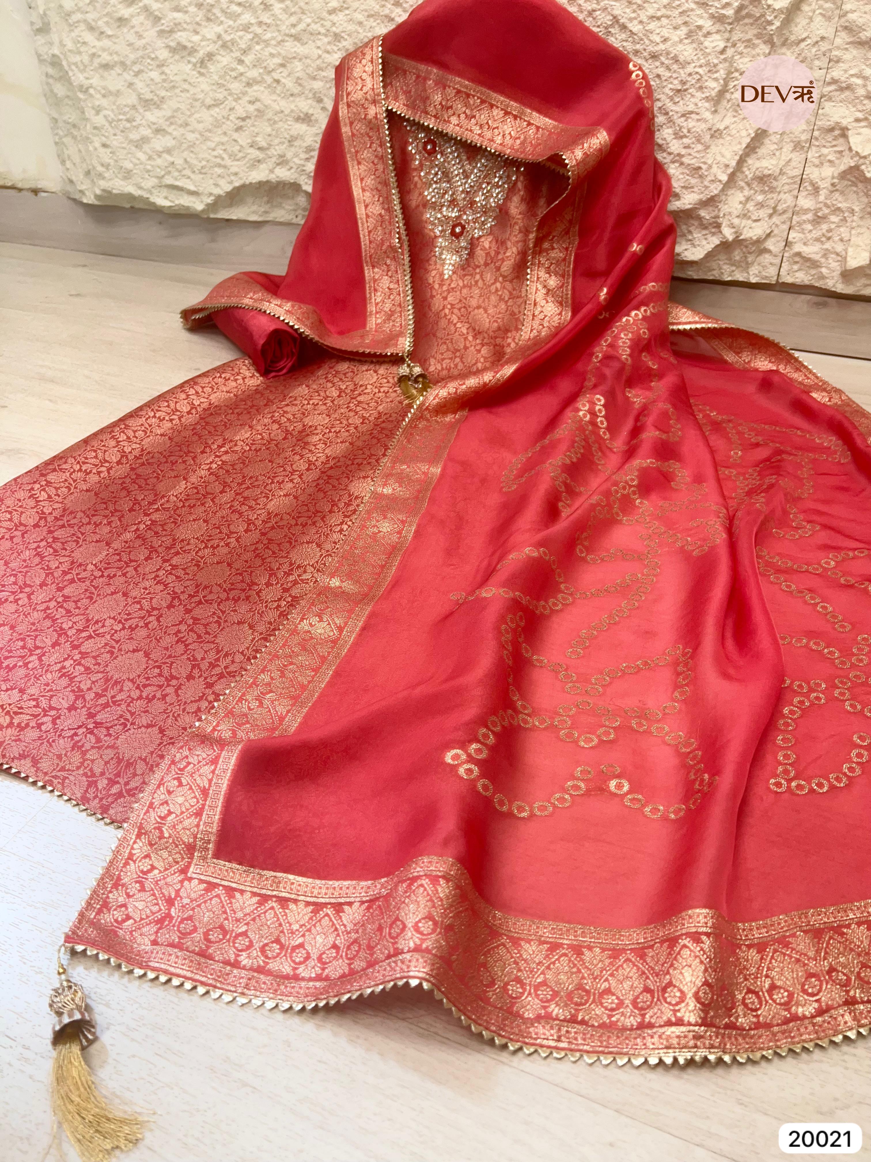 Coral Pink Tissue Jacquard Embroidered Unstitched 3-Piece Suit (Devri – D.No 20021)