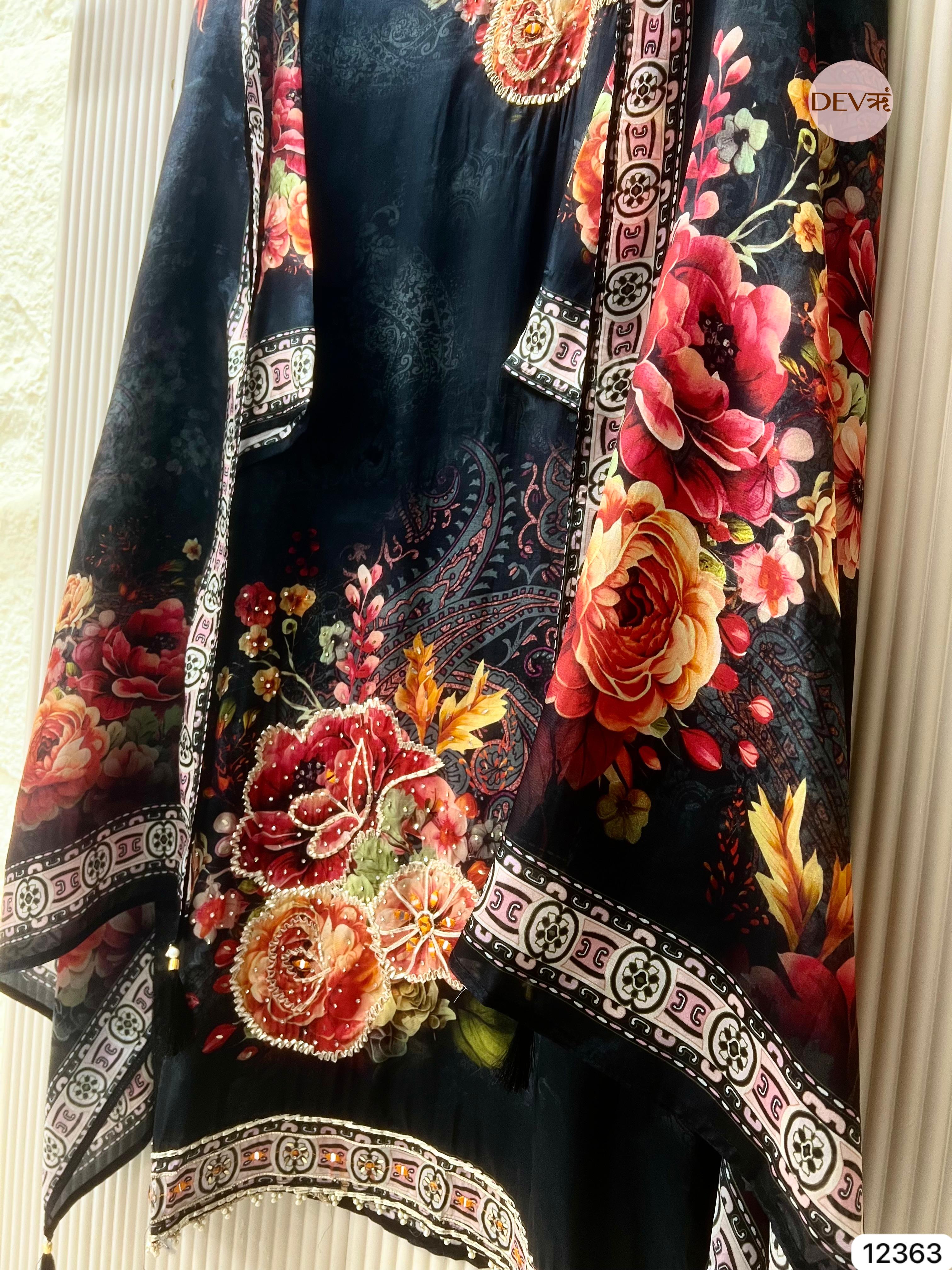 Midnight Blue Organza Silk Printed Unstitched 3-Piece Suit (Devri – D.No 12363)