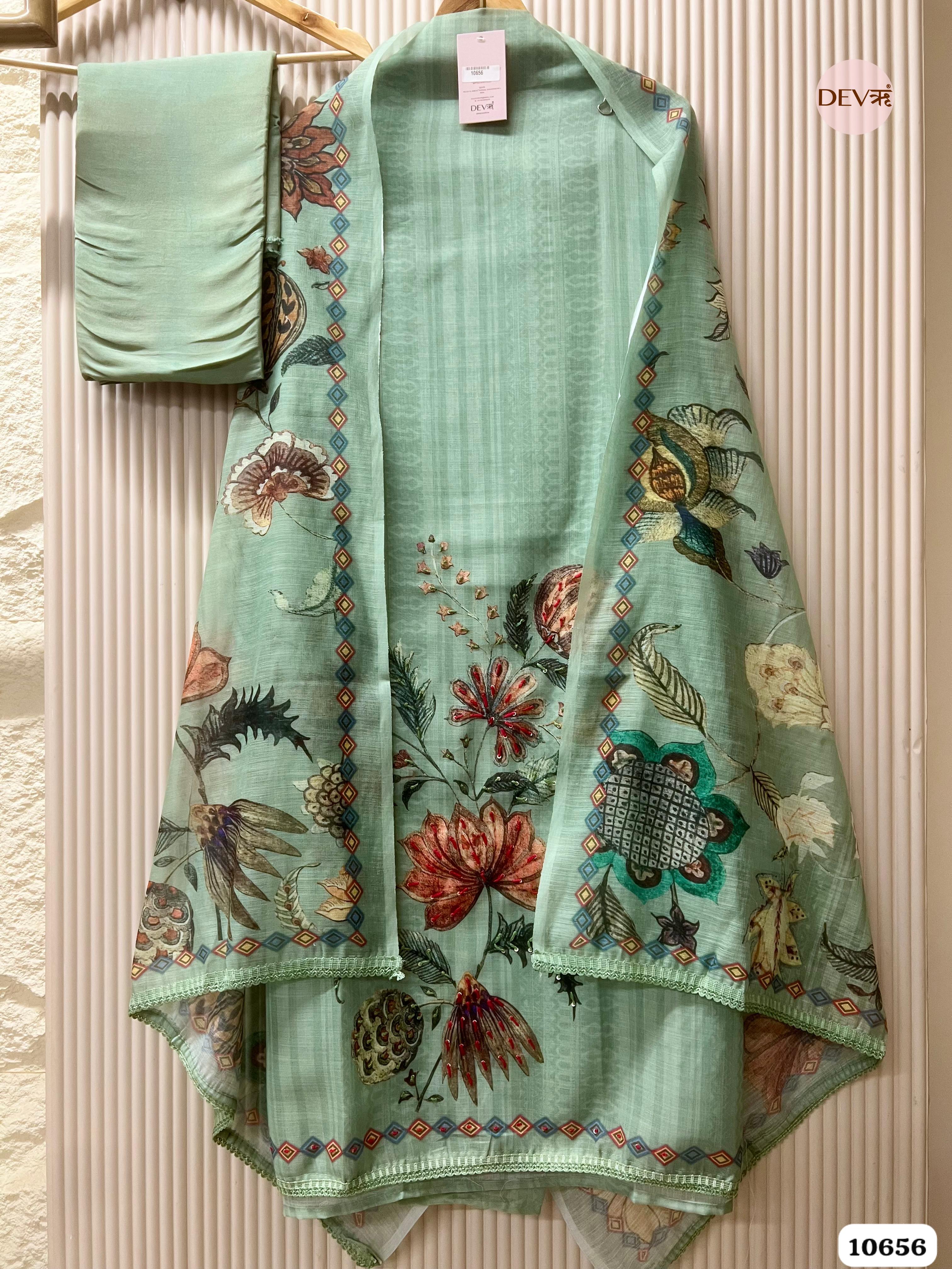 Mint Green Linen Printed Unstitched 3-Piece Suit (Devri – D.No. 10656)
