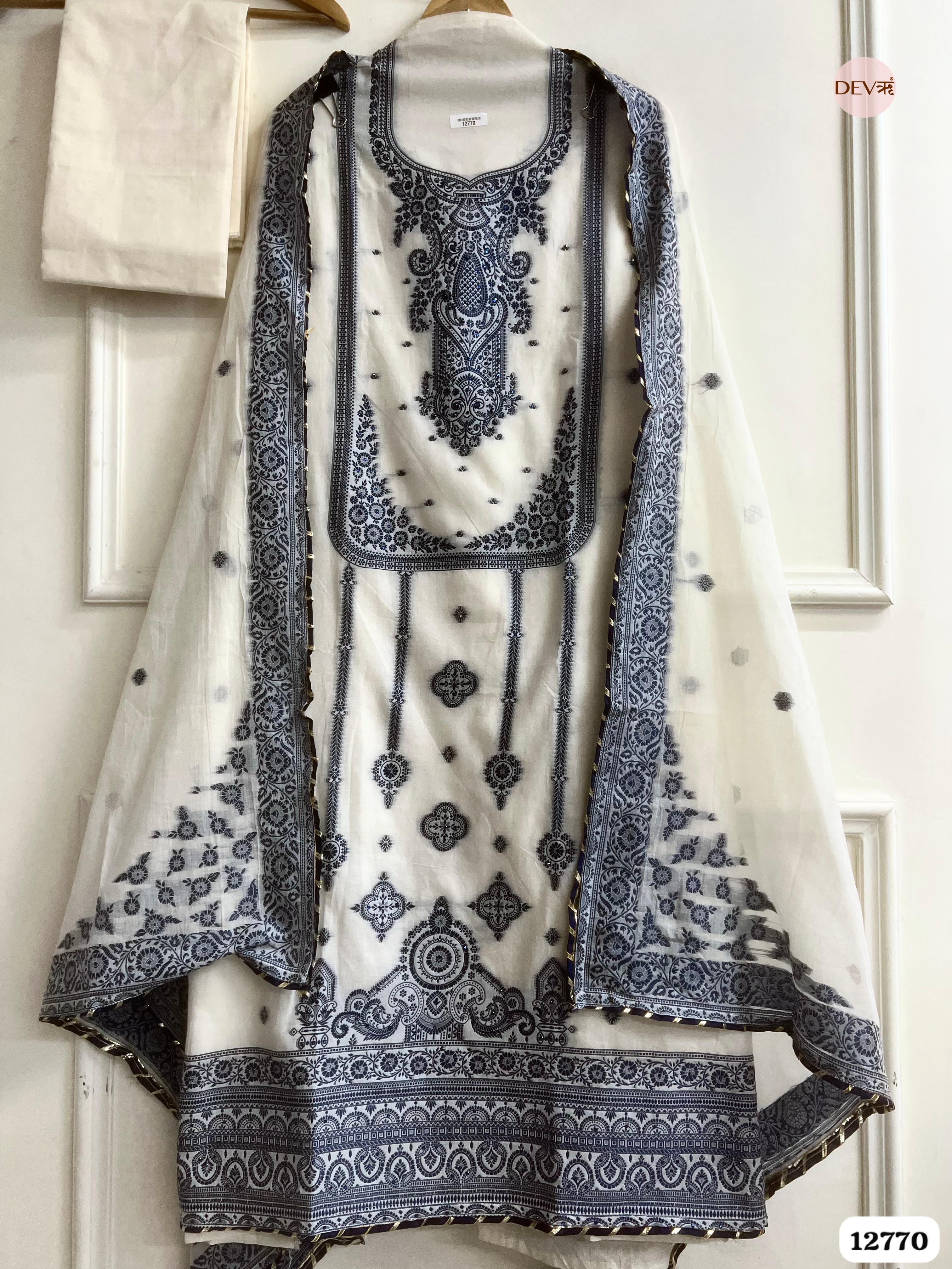 Off-White Jamdani Cotton Embroidered Unstitched 3-Piece Suit (Devri – D.No 12770)