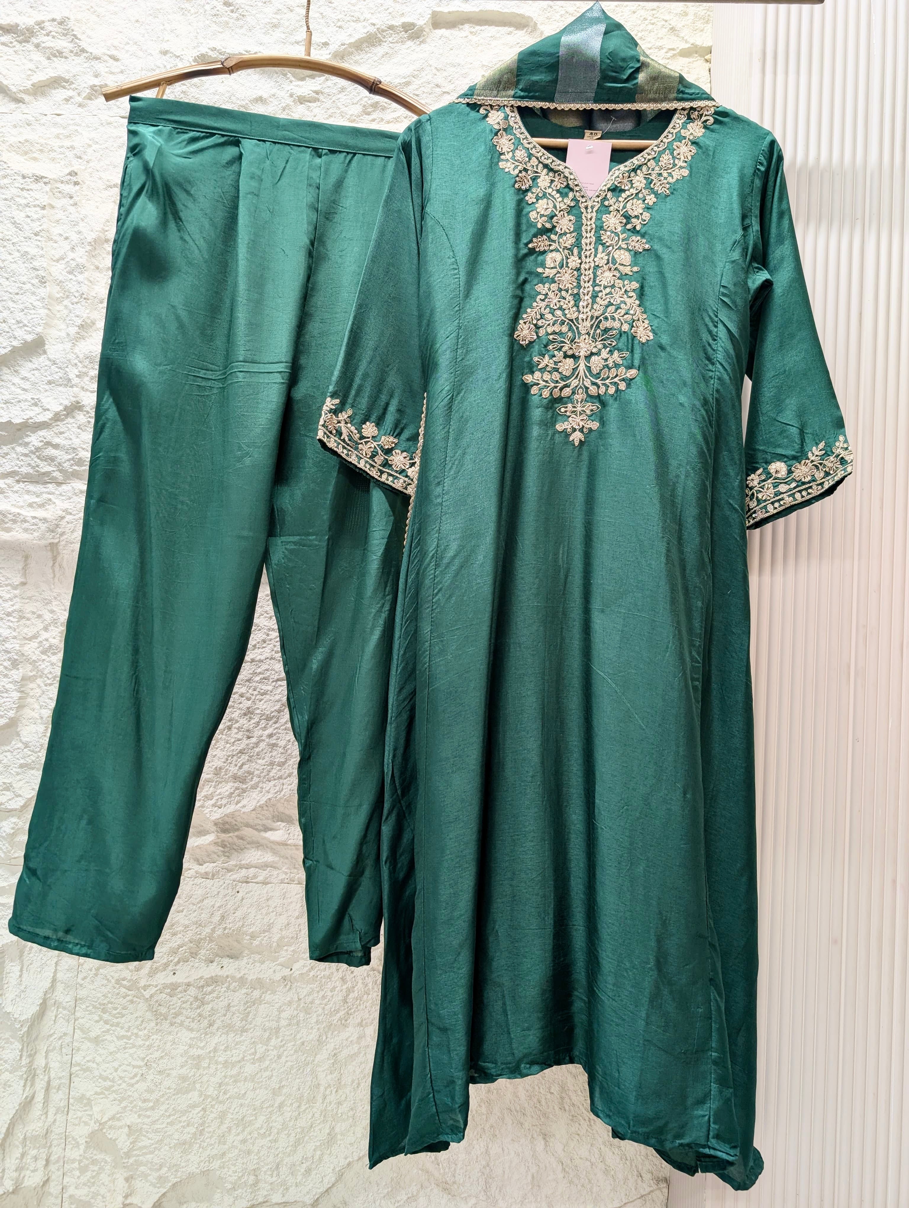 Zarmina Pure Russian silk Embroidered Teal 3-Piece Set (Devri – D.No 13802)