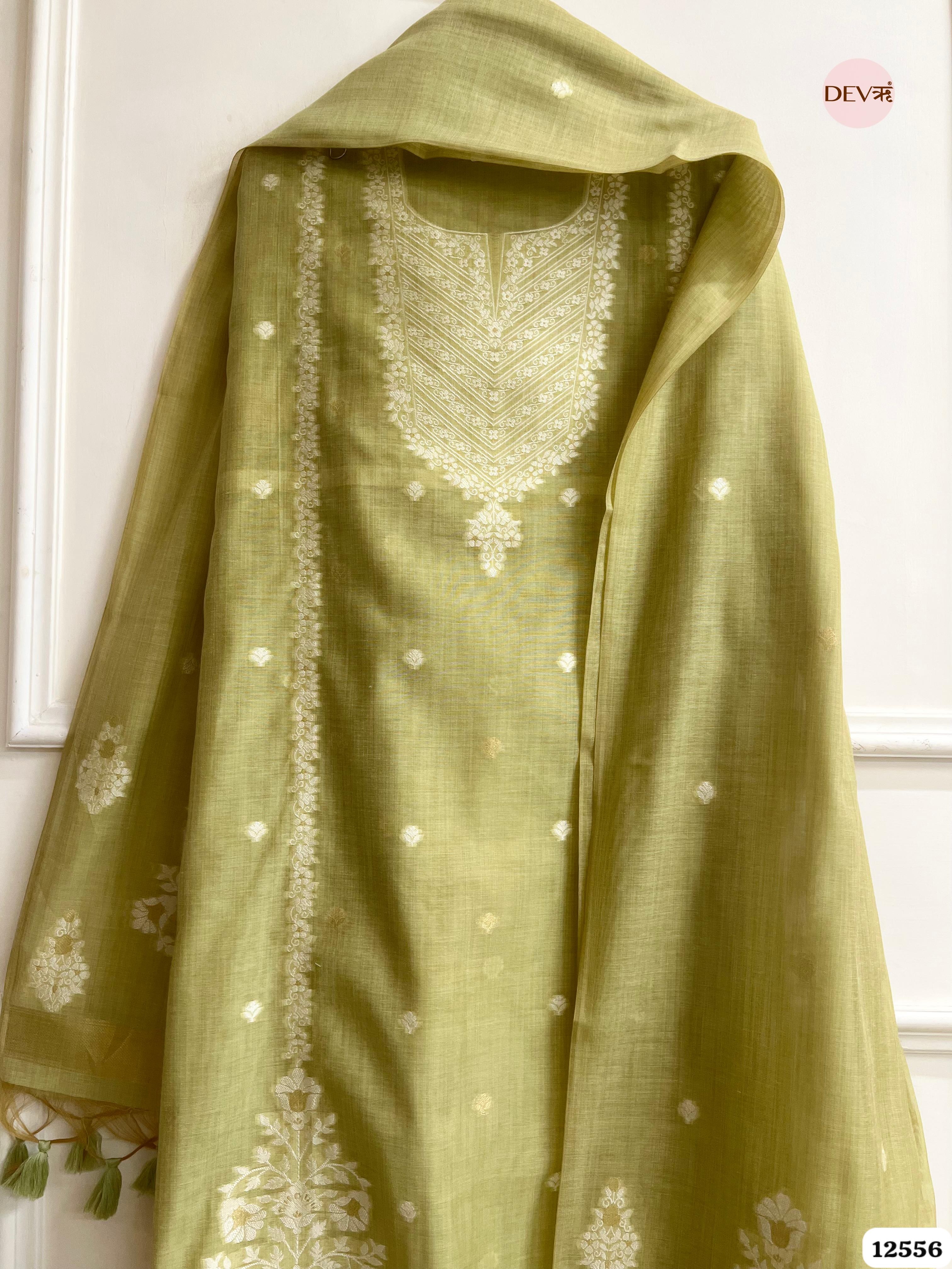 Lime Green Jamdani Embroidered Unstitched 3-Piece Suit (Devri – D.No 12556)
