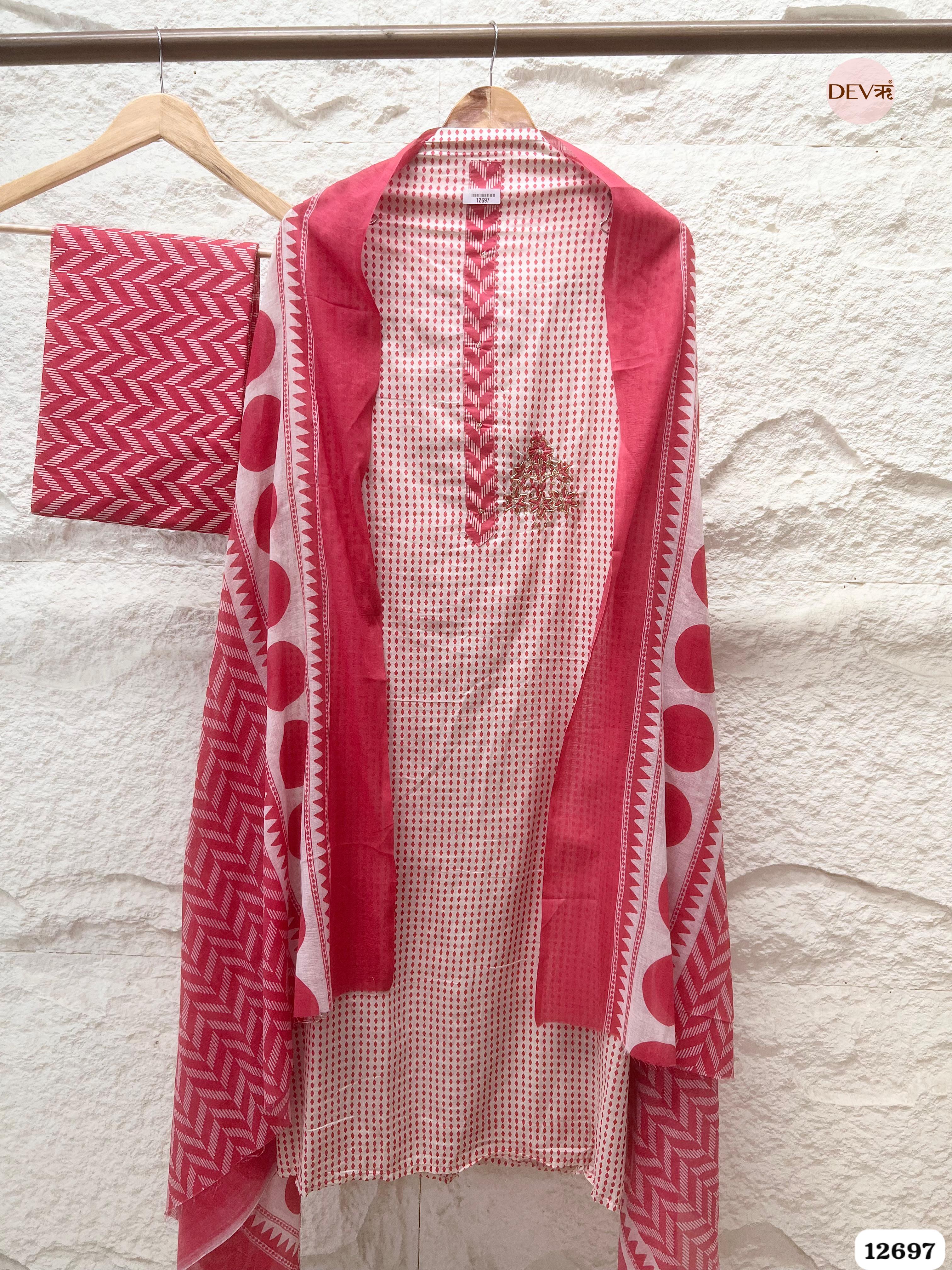 Watermelon Red Cotton Printed Unstitched 3-Piece Suit (Devri – D.No 12697)