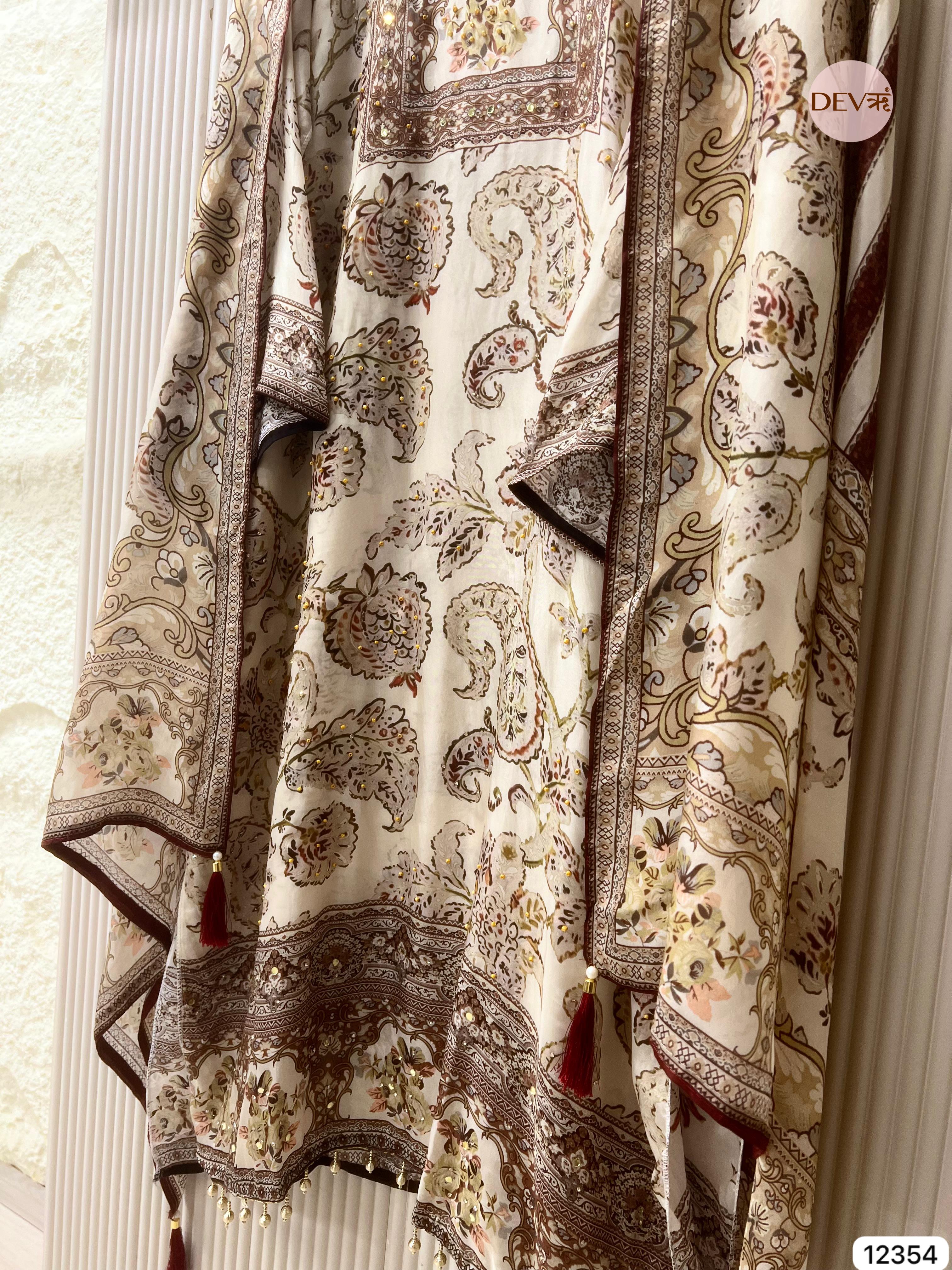 Ivory Organza Silk Printed Unstitched 3-Piece Suit (Devri – D.No 12354)