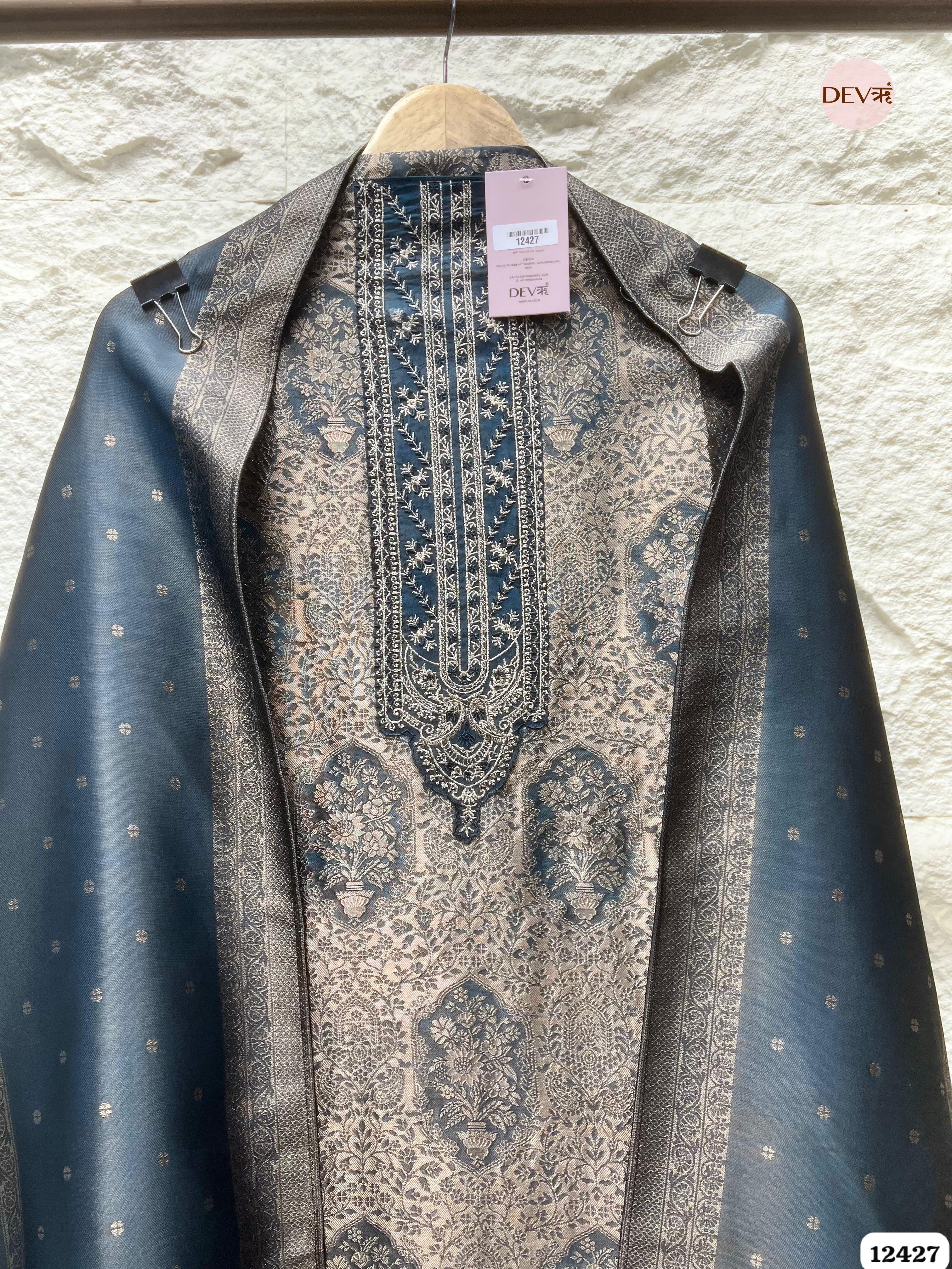 Slate Grey Banarasi Silk Printed Unstitched 3-Piece Suit (Devri – D.No. 12427)