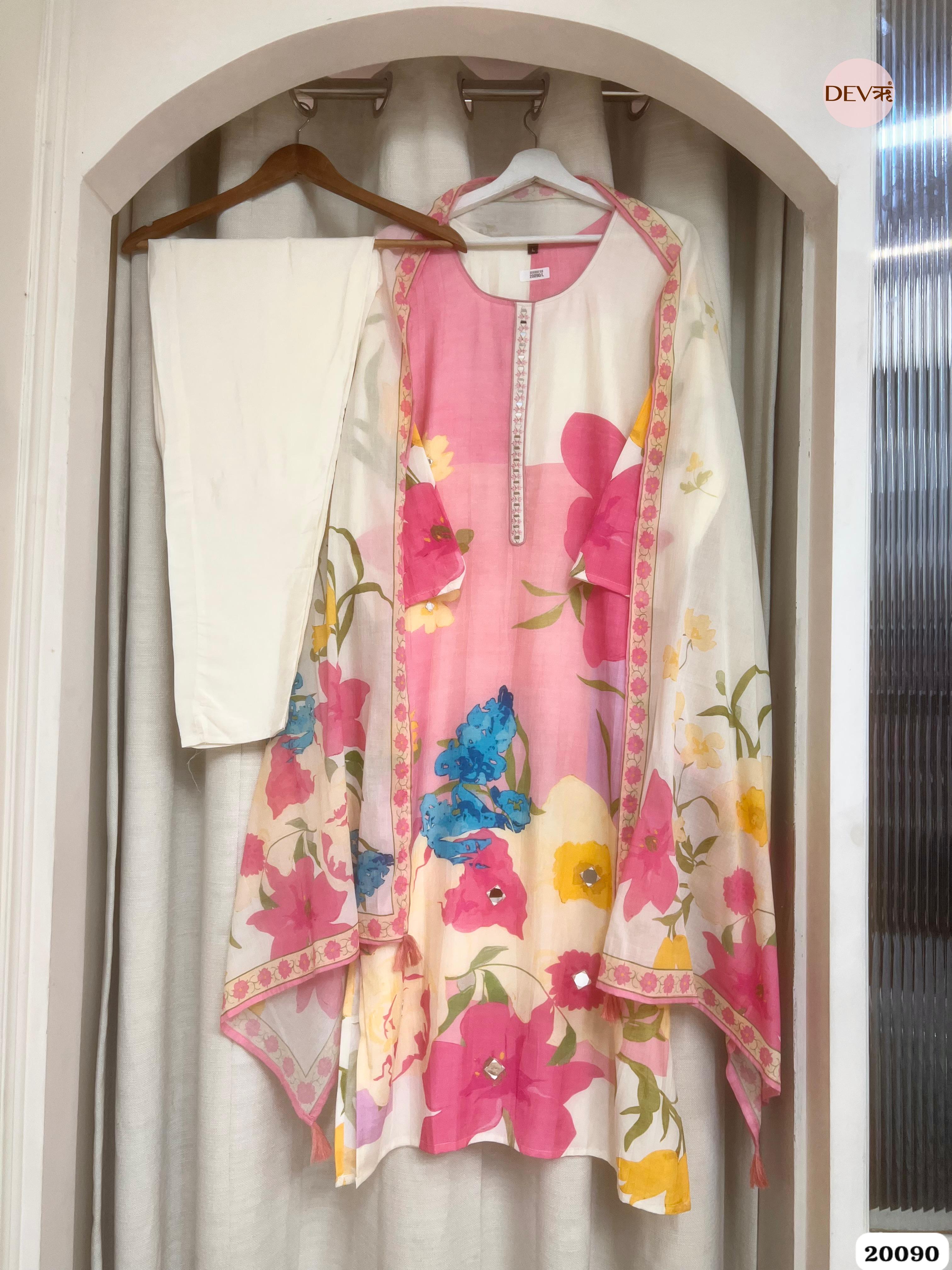 Jivika Pure Cotton Printed Pink & Ivory 3-Piece Set (Devri – D.No 20090)