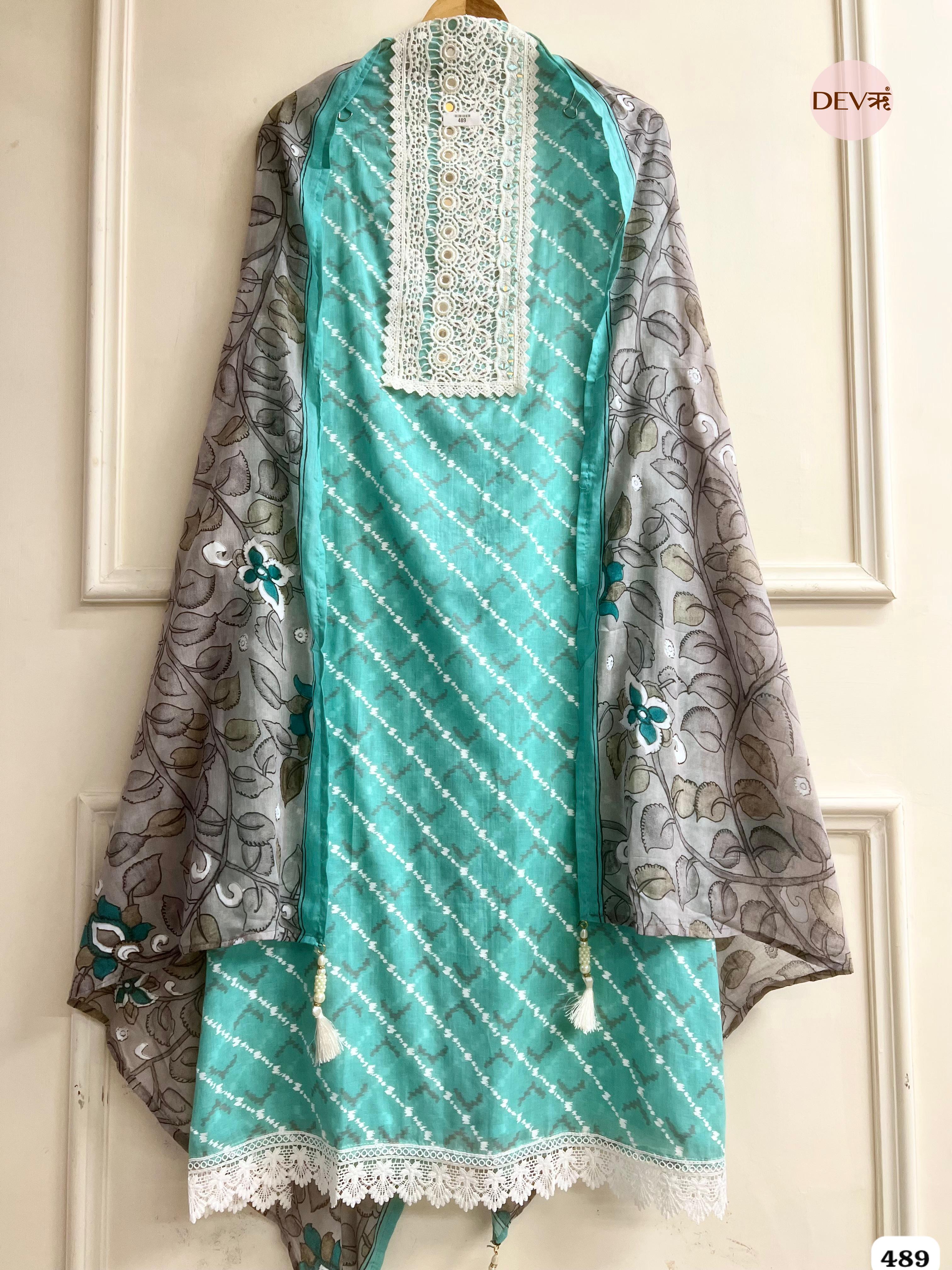 Sea Green Cotton Printed Unstitched 3-Piece Suit (Devri – D.No. 489)