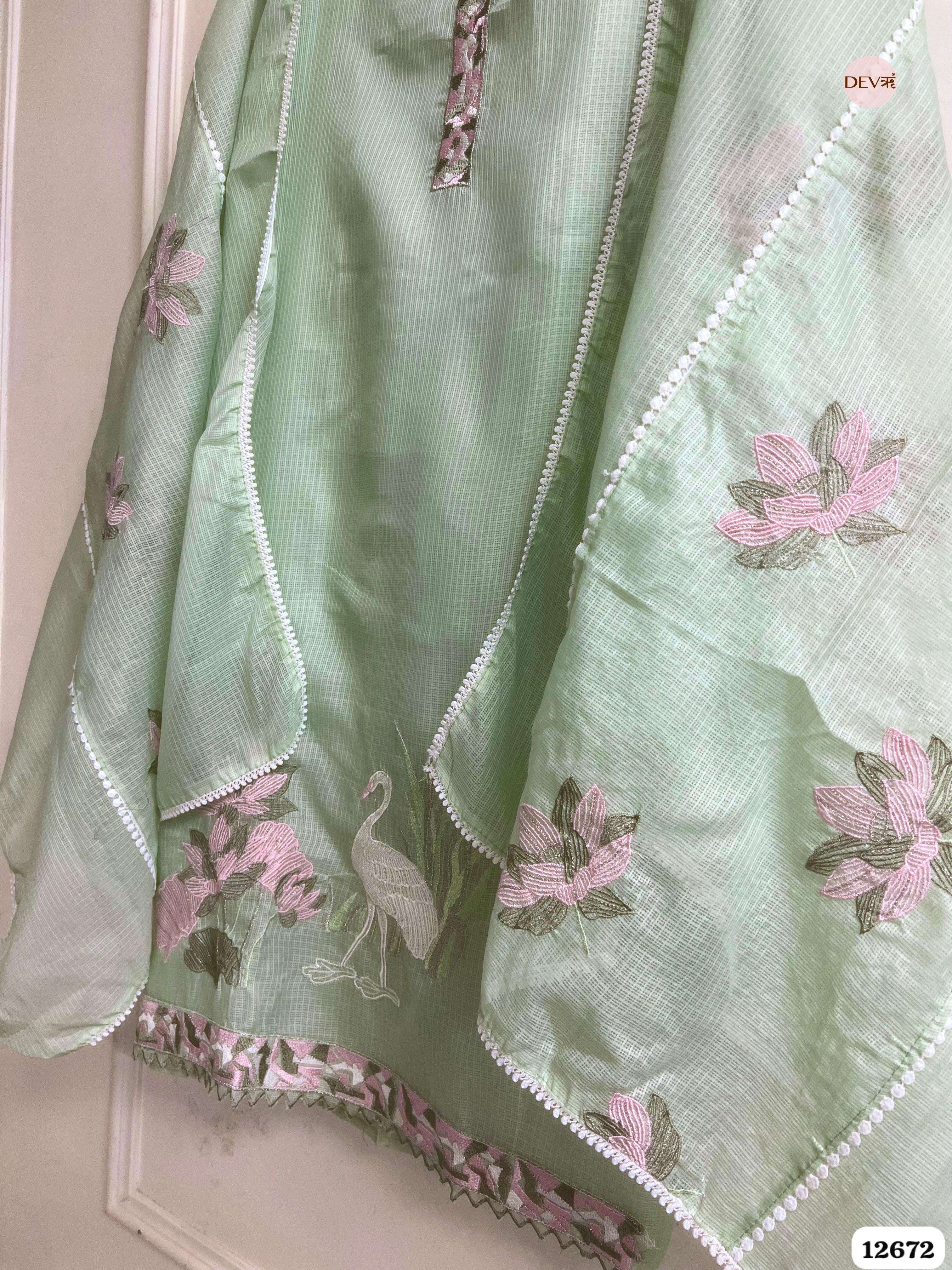 Pista Green Kota Embroidered Unstitched 3-Piece Suit (Devri – D.No 12672)