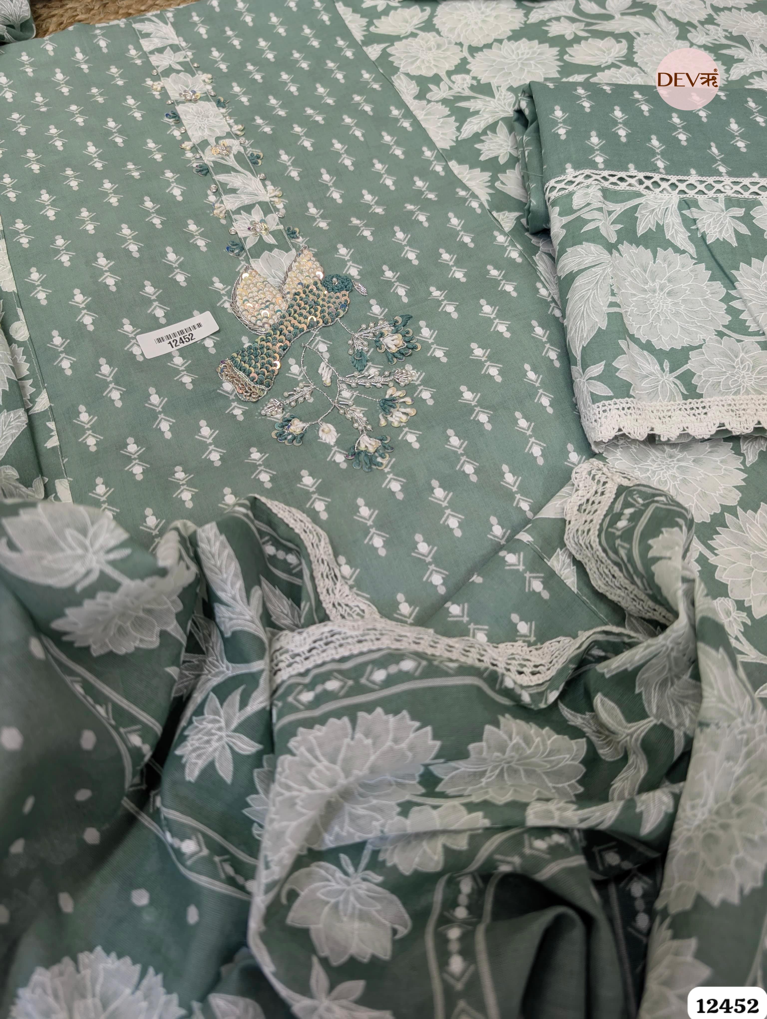 Sage Green Pure Cotton Printed & Embroidered Unstitched 3-Piece Suit (Devri – D.No 12452)