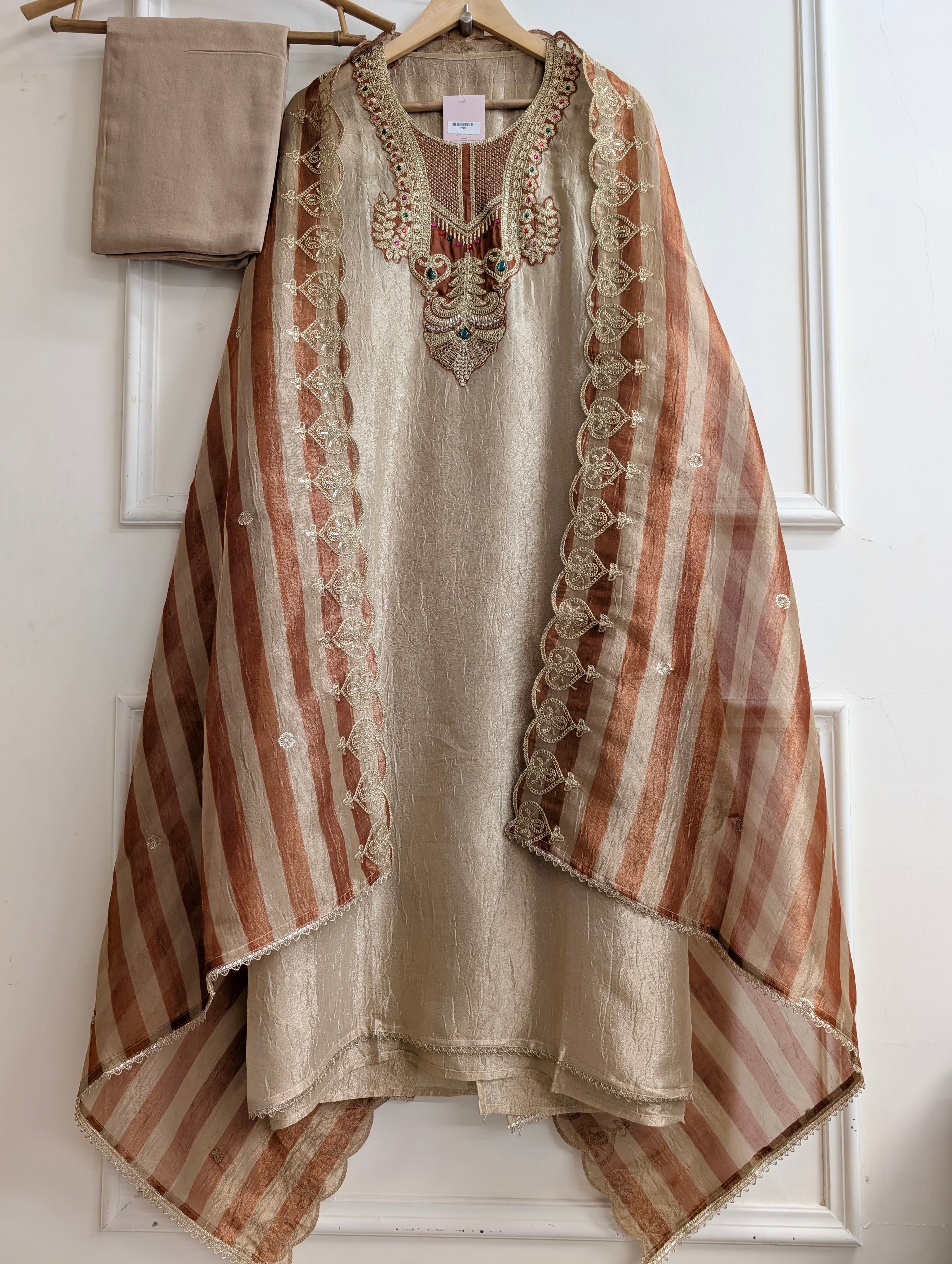 Beige Pure Tissue Silk Embroidered Unstitched 3-Piece Suit (Devri – D.No 13705)