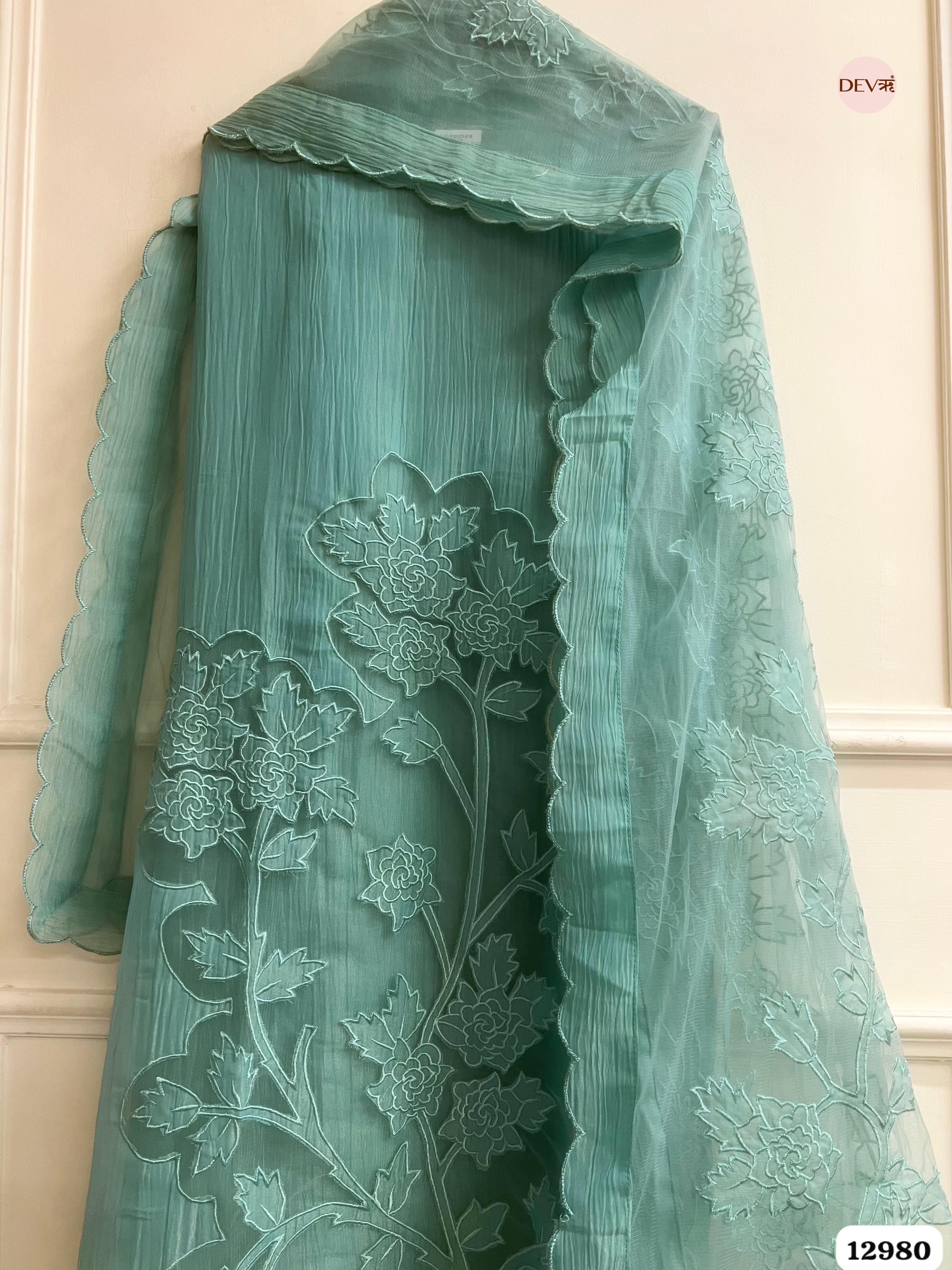 Sea Green Tissue Crush Embroidered Unstitched 3-Piece Suit (Devri – D.No 12980)