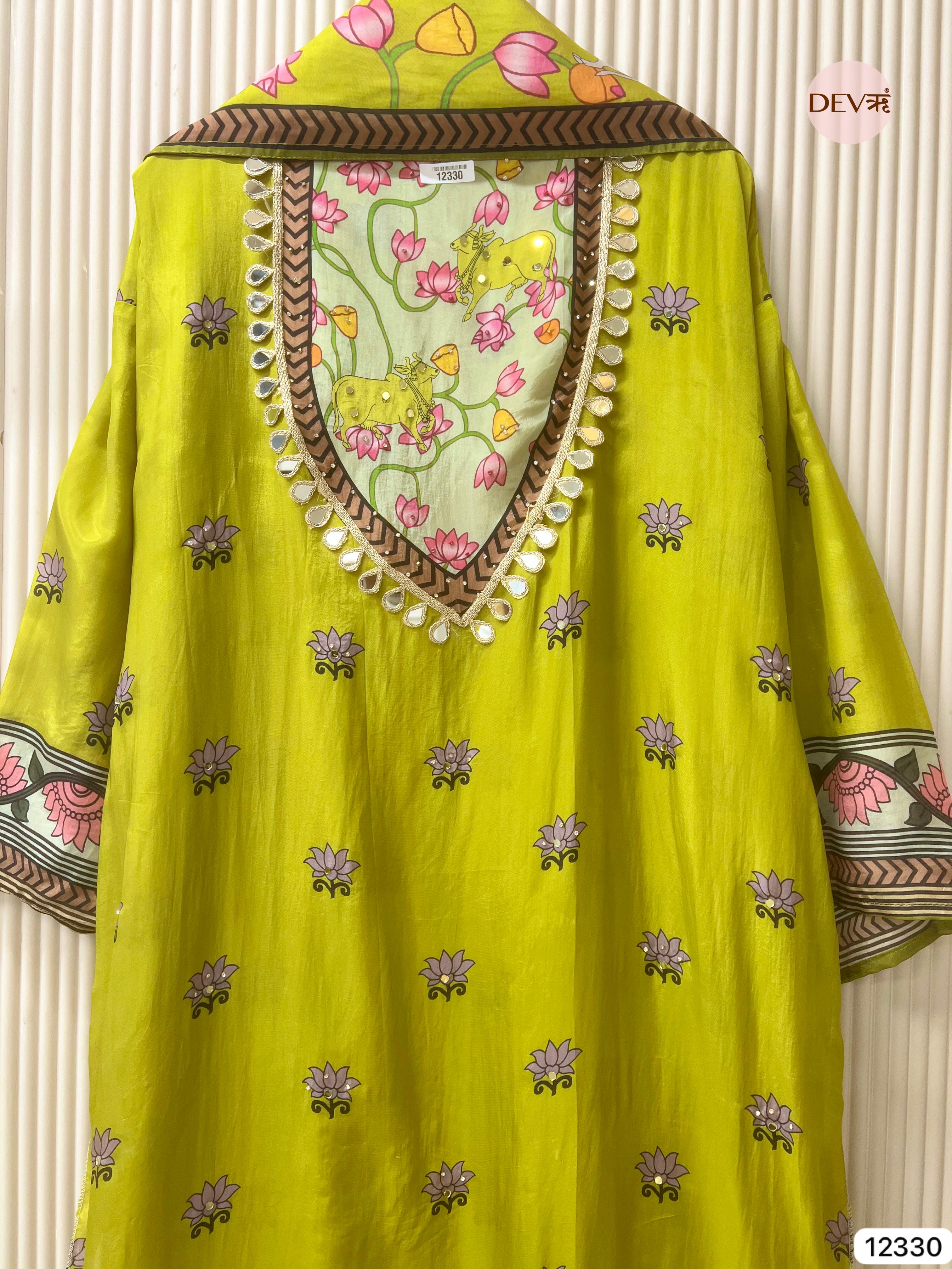 Lime Green Organza Silk Printed Unstitched 3-Piece Suit (Devri – D.No 12330)
